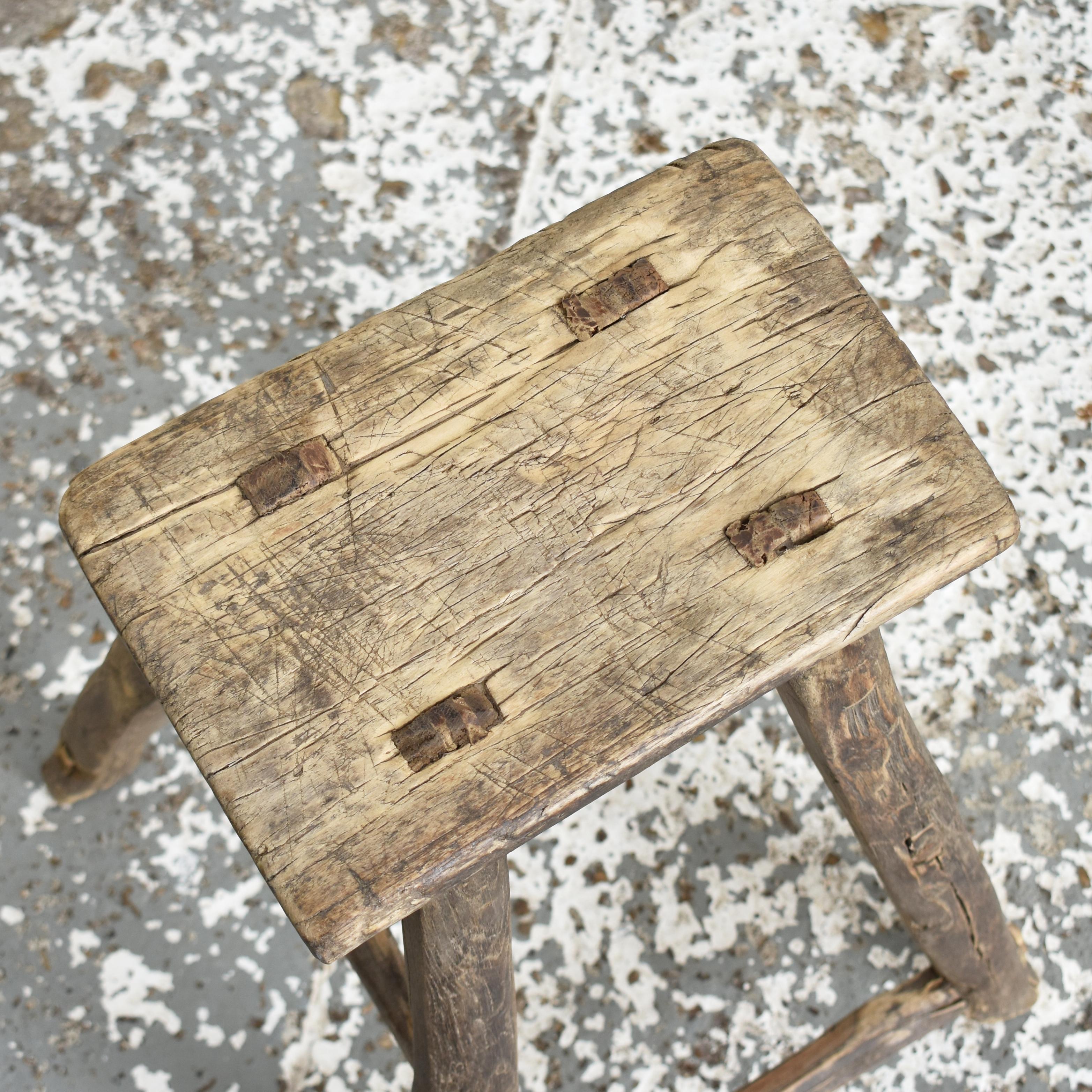 Hand-Carved Rustic Antique Wooden Elm Side Lamp Table Stool For Sale