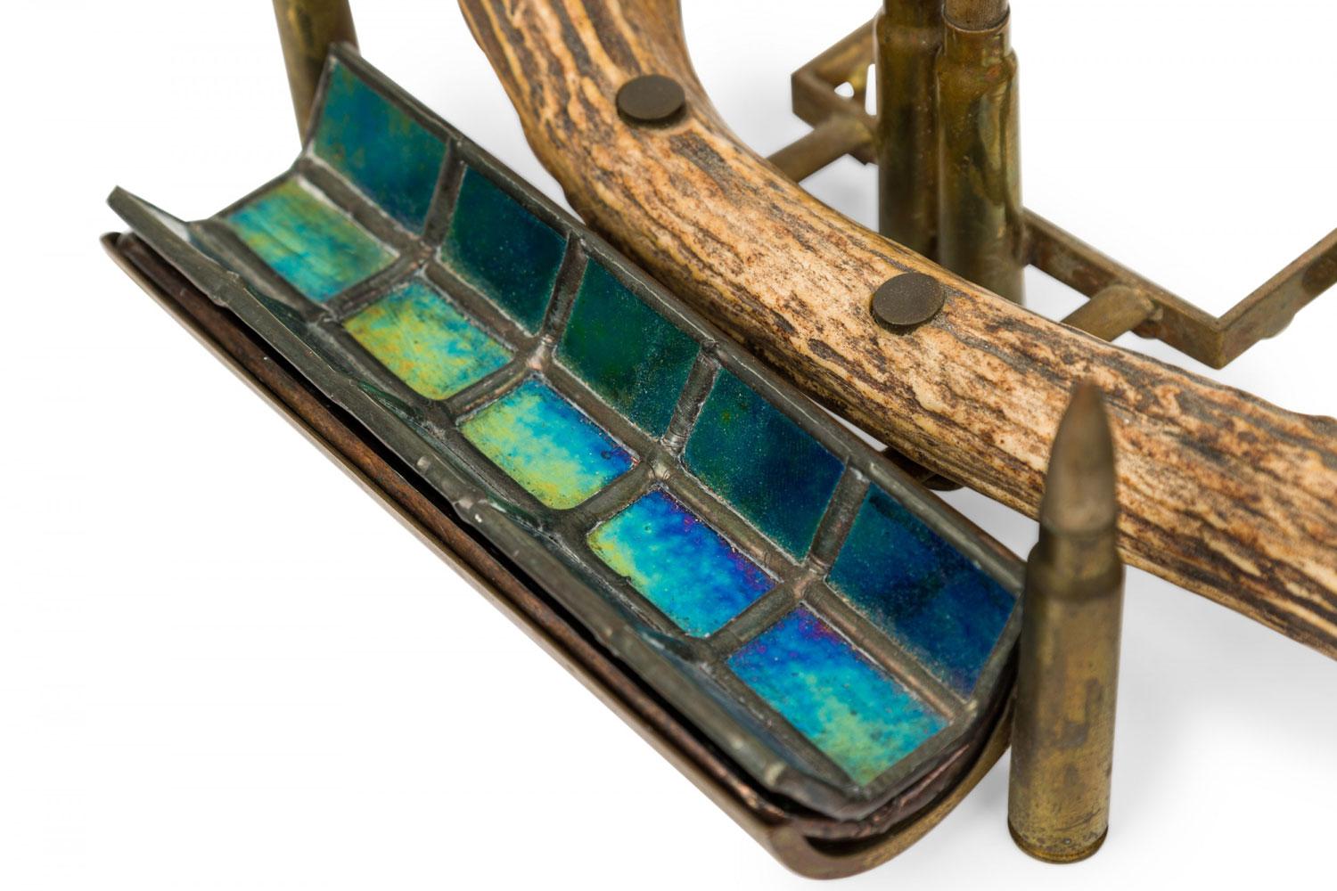 Rustic Antler Inkwell Stand with Glass and Metal Pen Holder in vendita 1