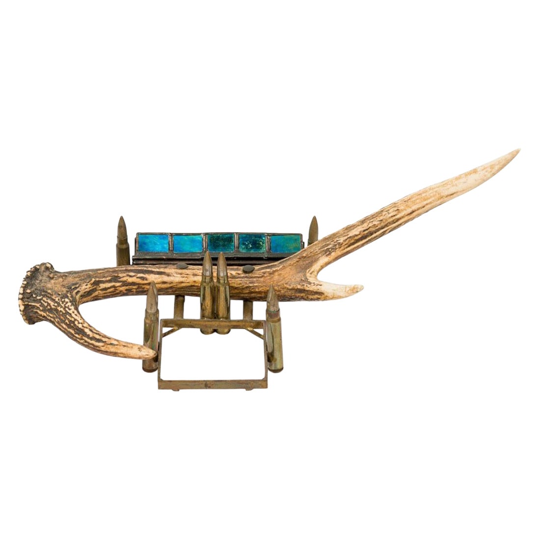 Rustic Antler Inkwell Stand with Glass and Metal Pen Holder