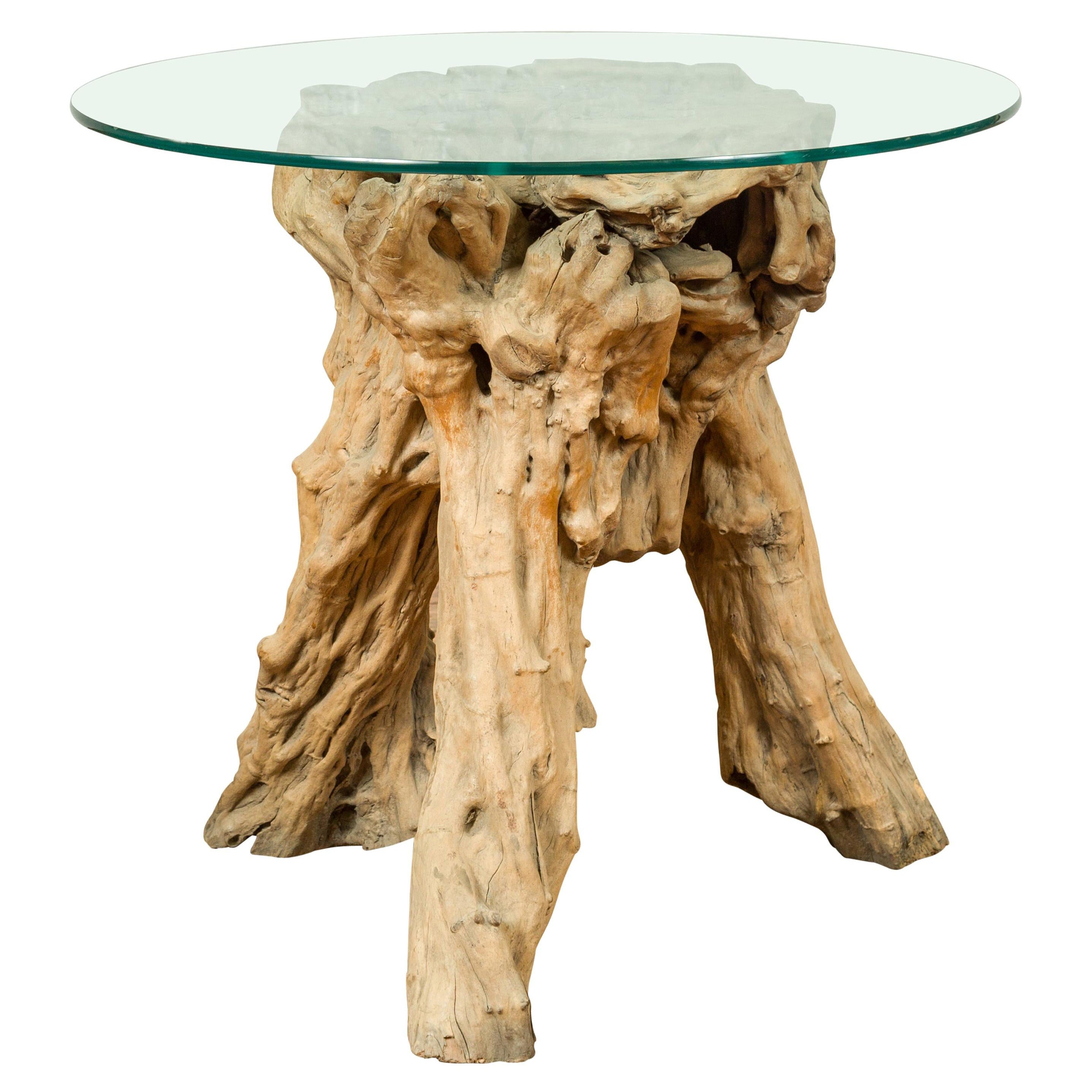 Mesa de pedestal de madera de raíz de árbol de arquitectura rústica, tapa de cristal no incluida