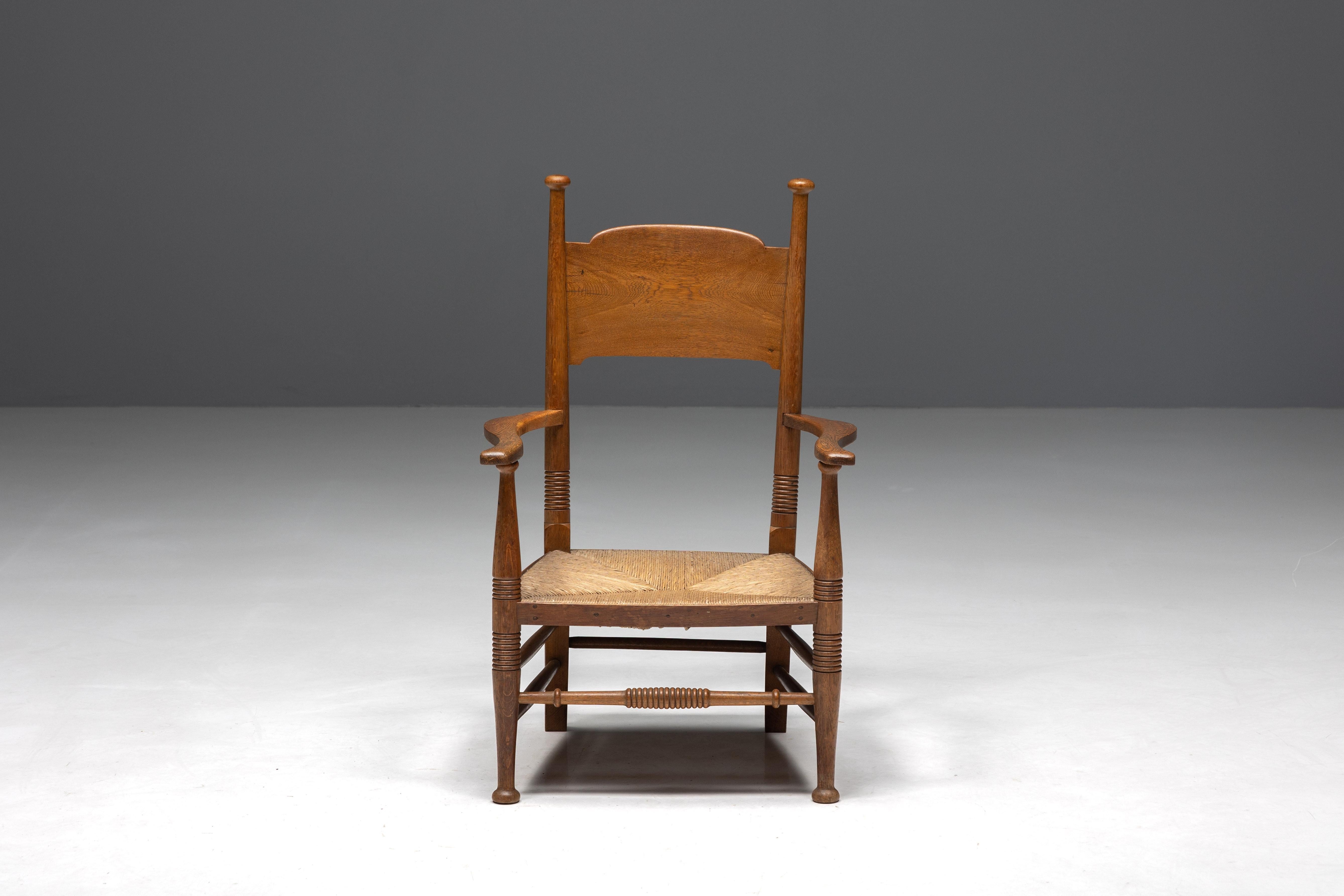 Rustikaler Sessel aus massiver Eiche und Stroh, Vereinigtes Königreich, 1900er Jahre (Arts and Crafts) im Angebot