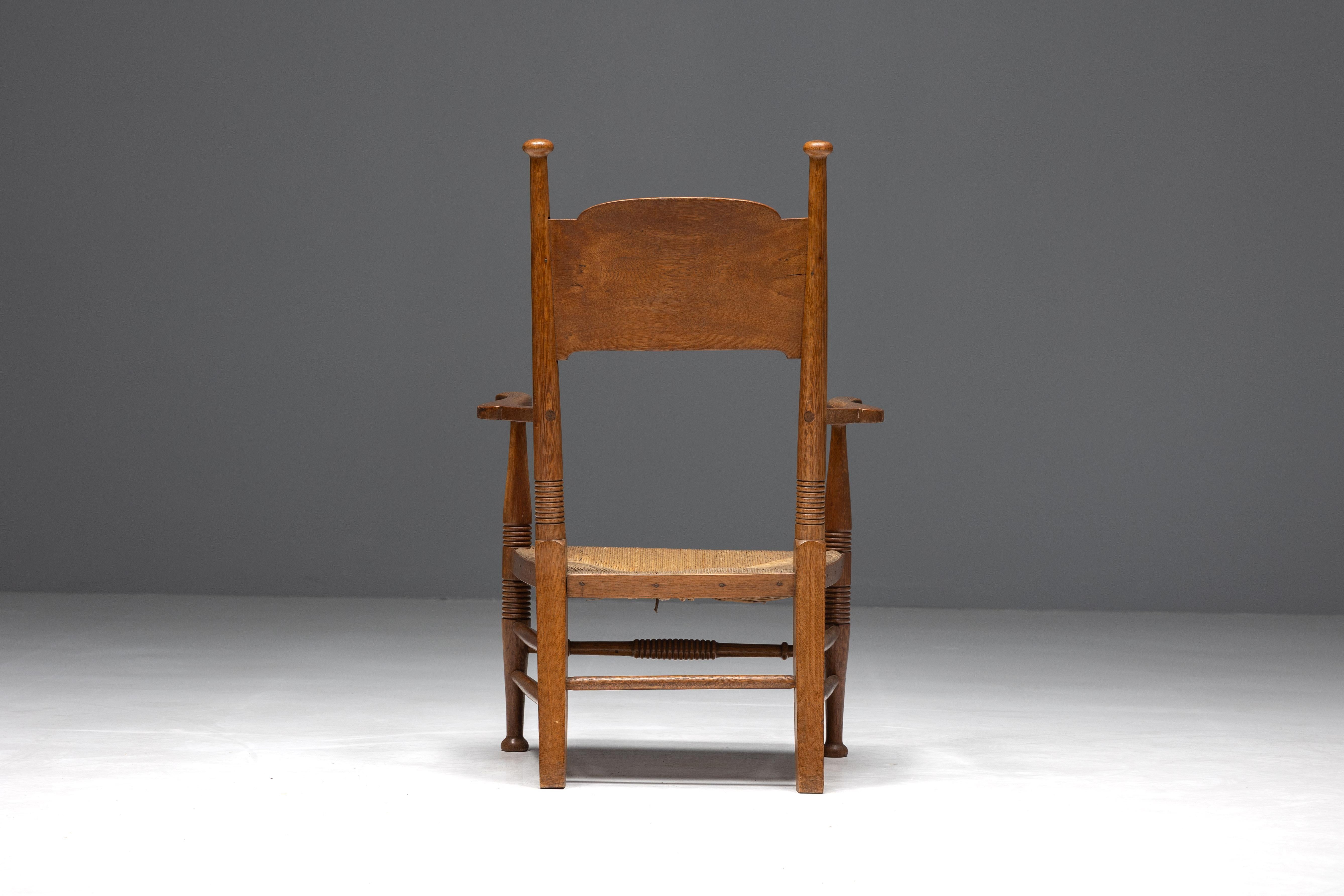 Rustic Armchair in Solid Oak and Straw, United Kingdom, 1900s For Sale 1