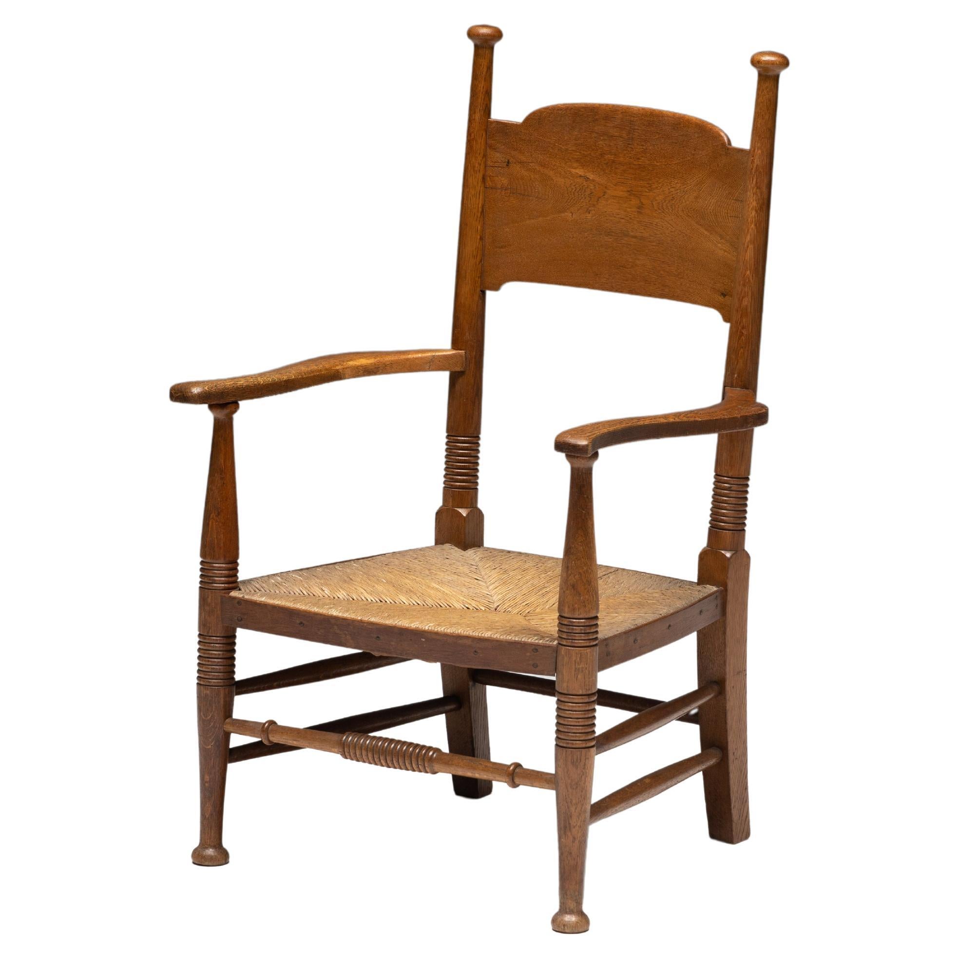 Rustic Armchair in Solid Oak and Straw, United Kingdom, 1900s For Sale