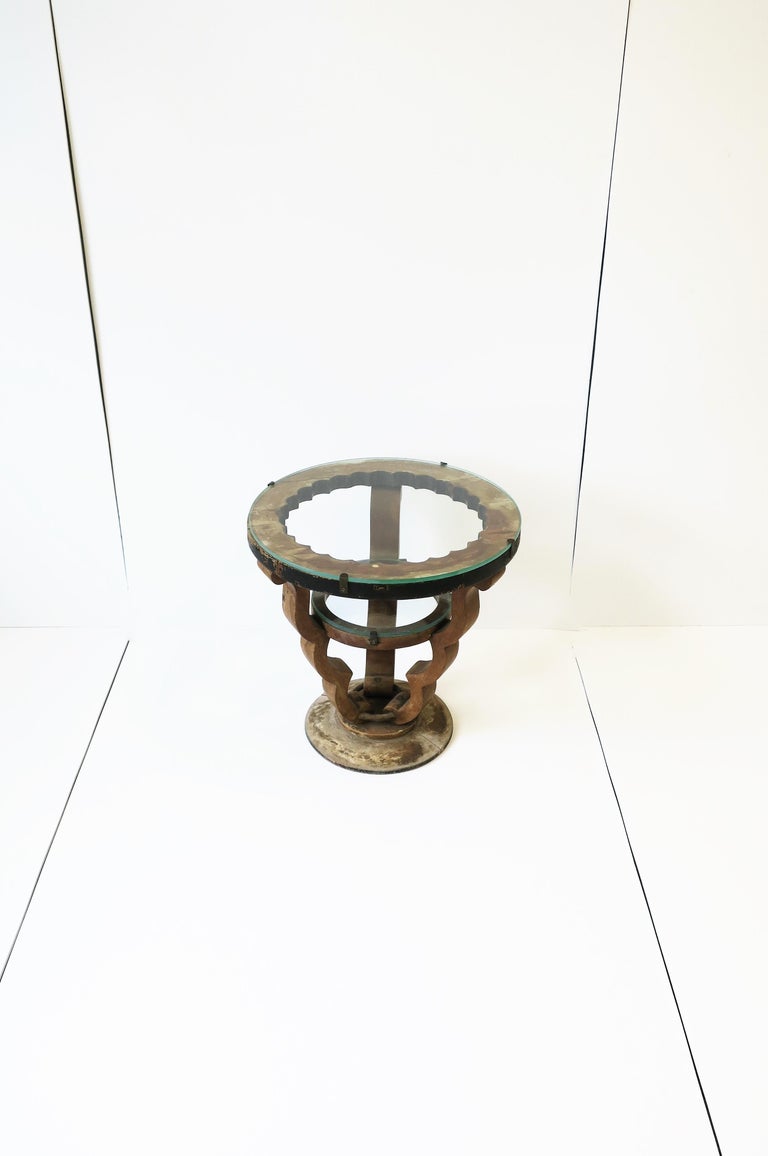 Art Deco Rustic Wood and Glass Round Side Table, Small For Sale 5