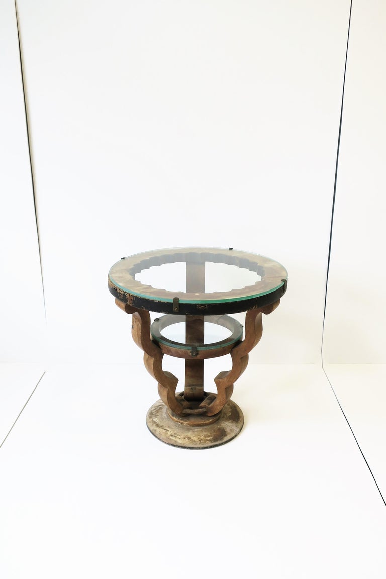 Art Deco Rustic Wood and Glass Round Side Table, Small For Sale 6