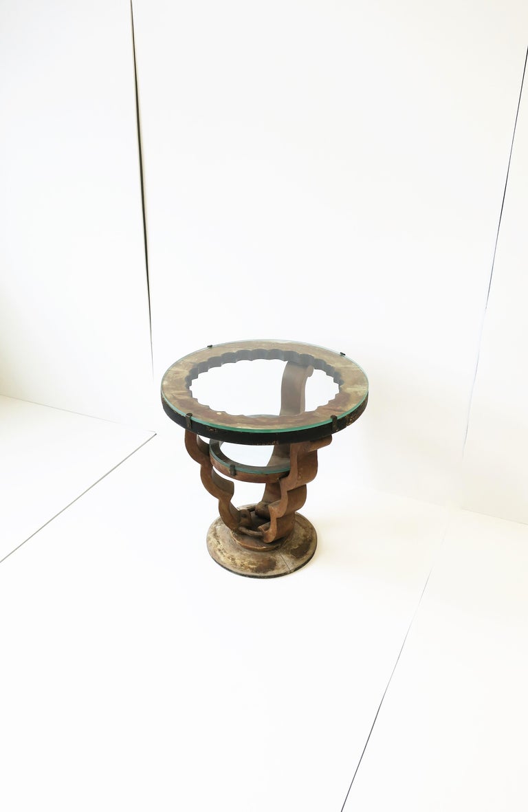 Art Deco Rustic Wood and Glass Round Side Table, Small For Sale 7