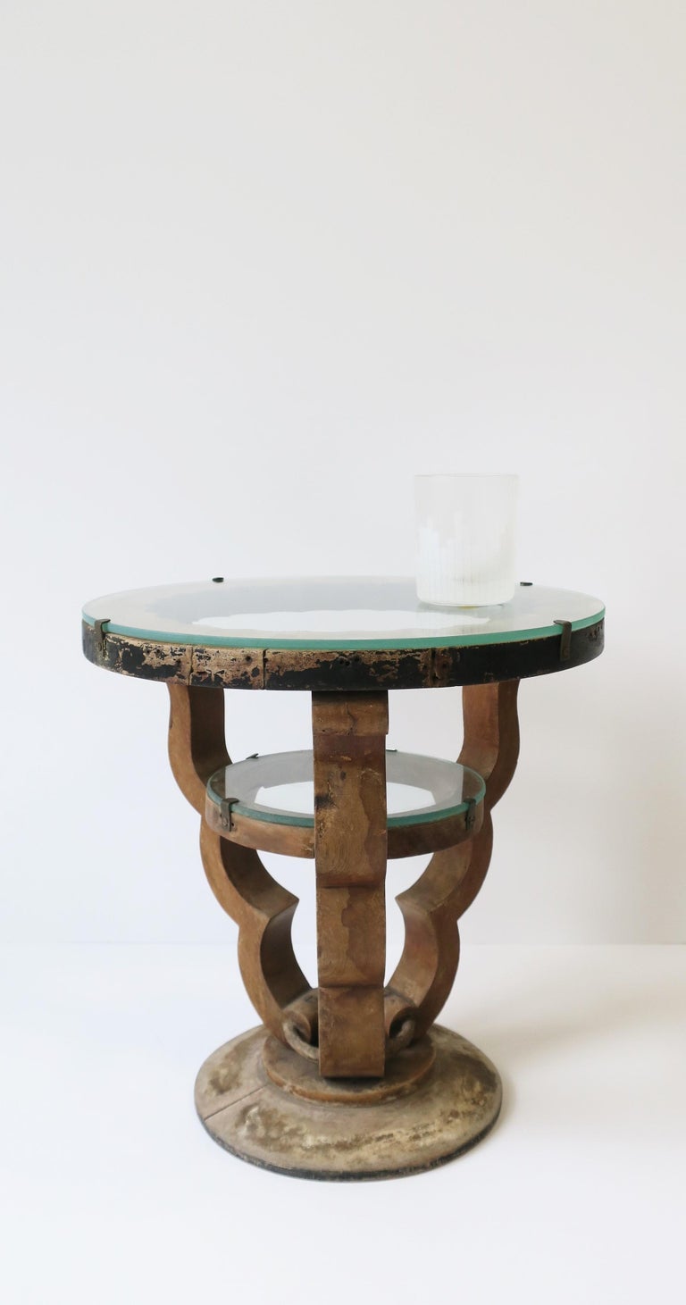 European Art Deco Rustic Wood and Glass Round Side Table, Small For Sale