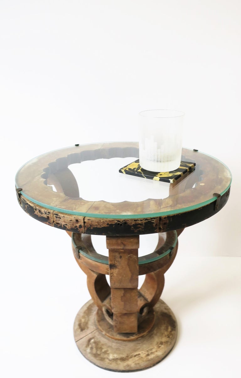 20th Century Art Deco Rustic Wood and Glass Round Side Table, Small For Sale