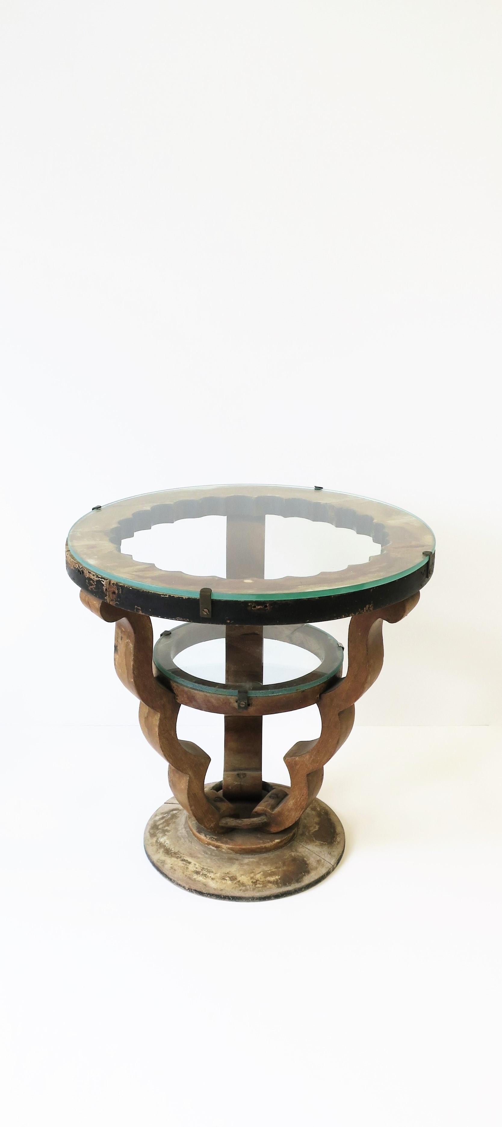 Glass Art Deco Rustic Wood Gueridon Side Drinks Table  For Sale