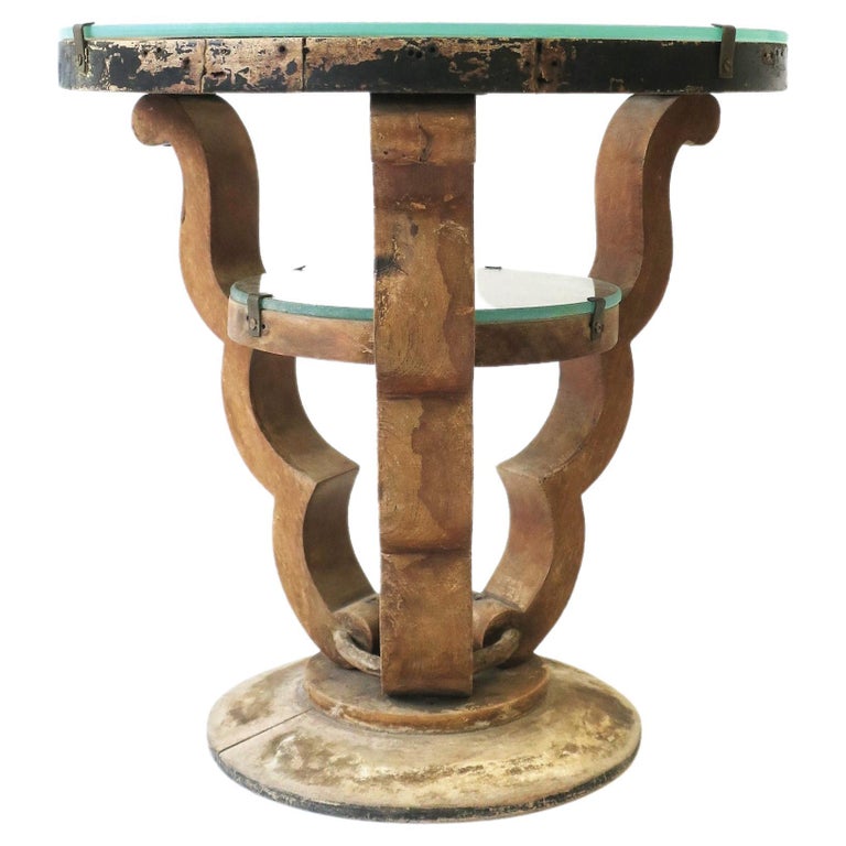 Art Deco Rustic Wood and Glass Round Side Table, Small For Sale