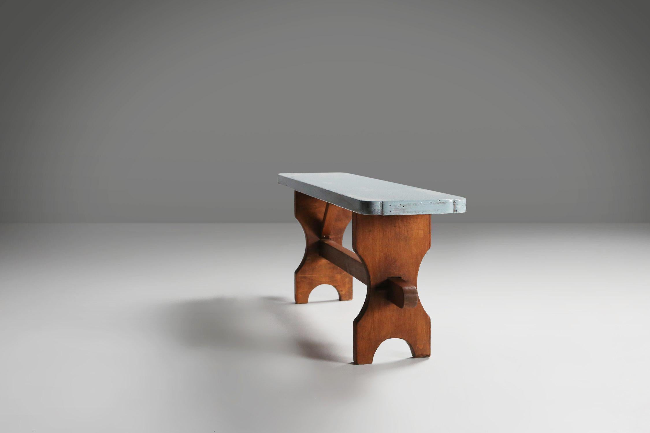 Banc Art Déco rustique avec plateau bleu, France, années 1930 en vente 2