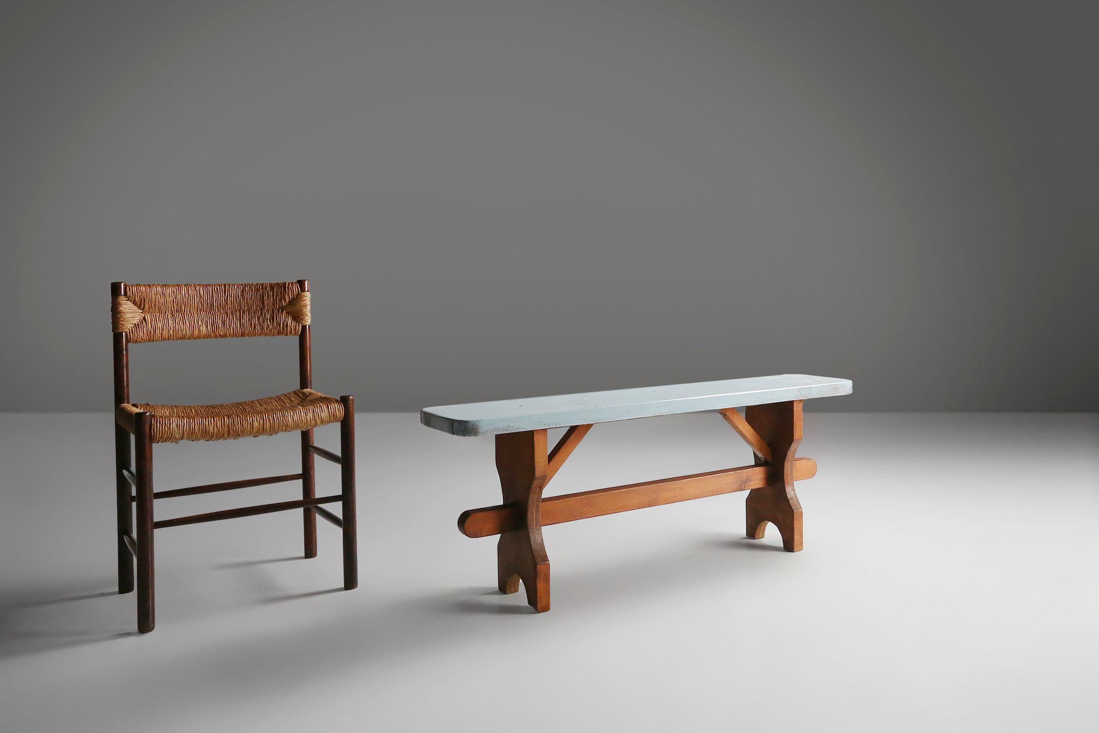 Art déco Banc Art Déco rustique avec plateau bleu, France, années 1930 en vente