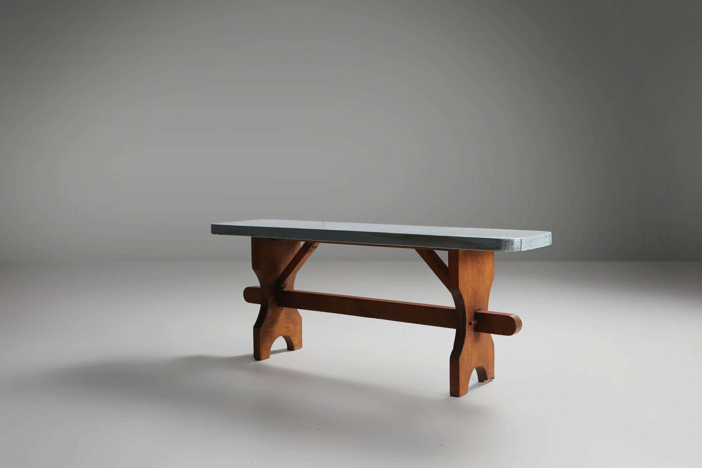 Français Banc Art Déco rustique avec plateau bleu, France, années 1930 en vente