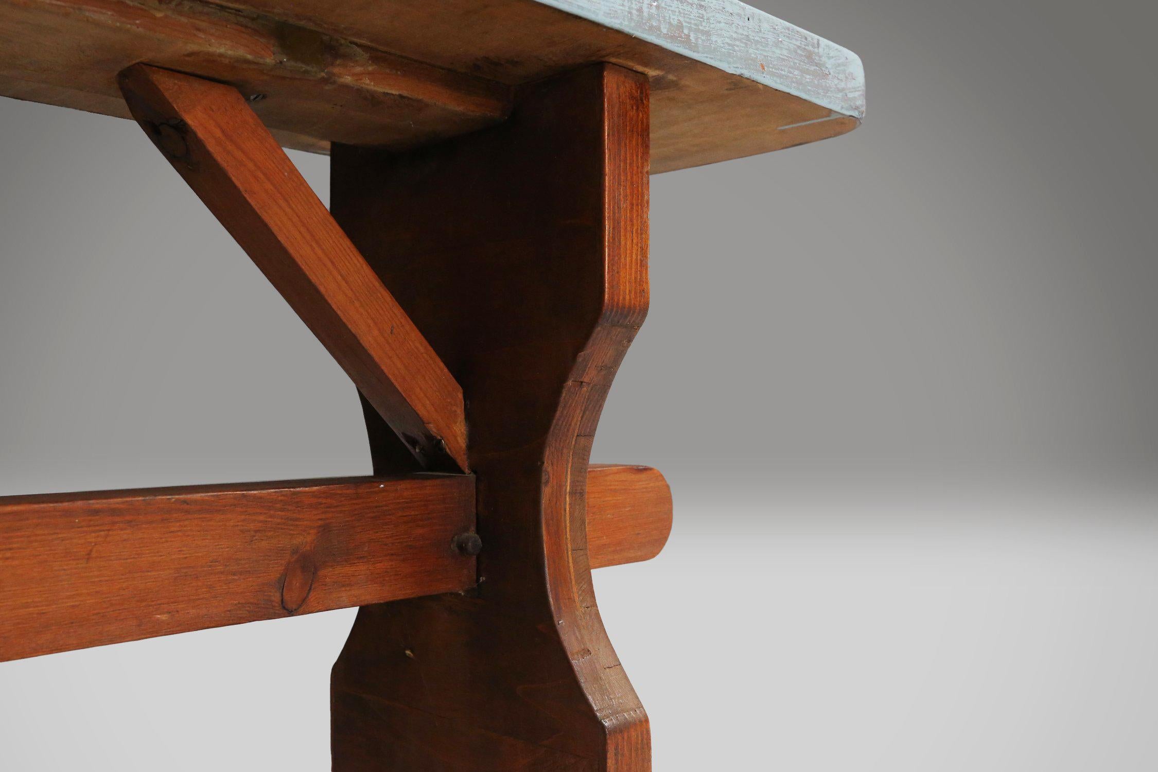 Fait main Banc Art Déco rustique avec plateau bleu, France, années 1930 en vente
