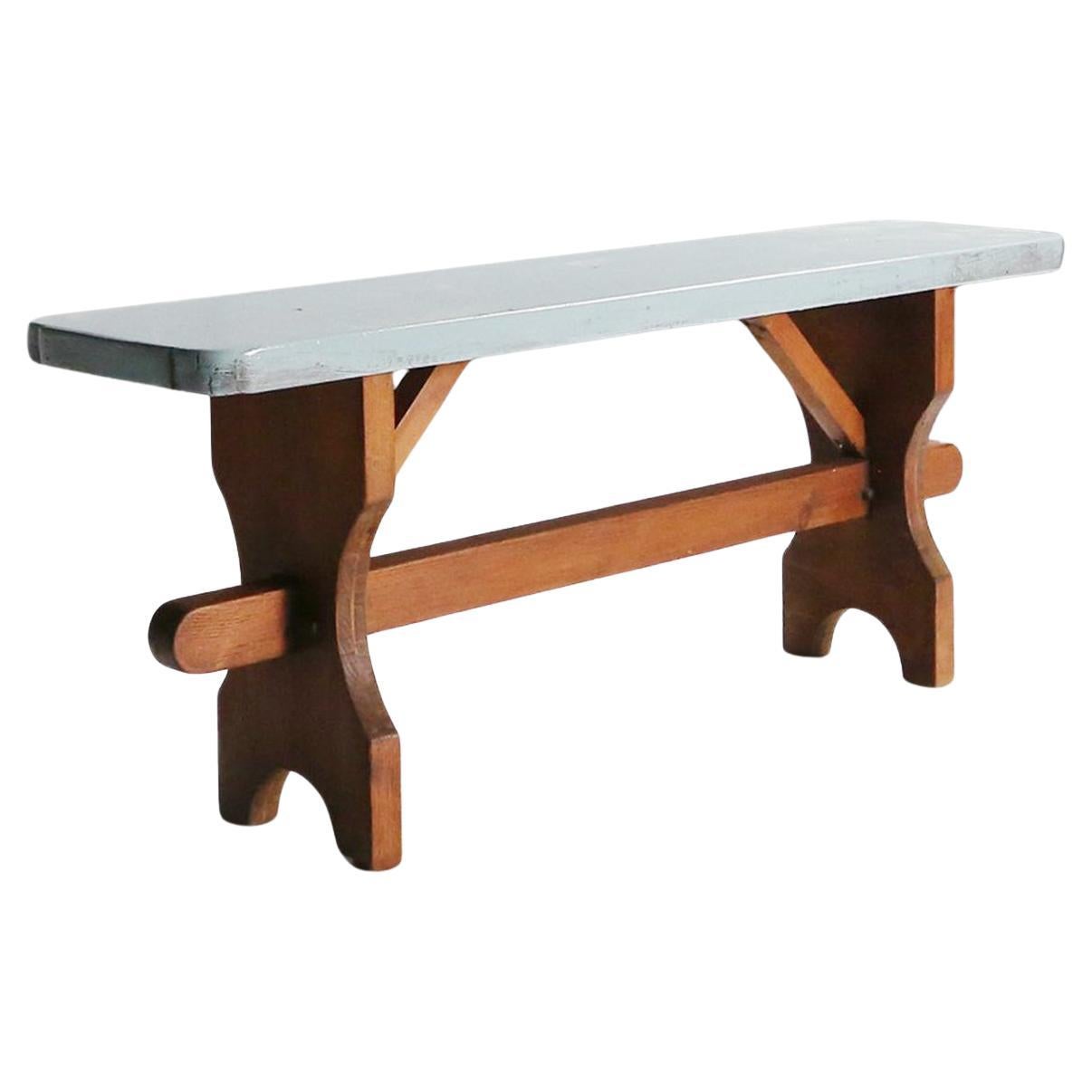 Rustic Art Deco Wooden Bench with Blue Top, France, 1930s