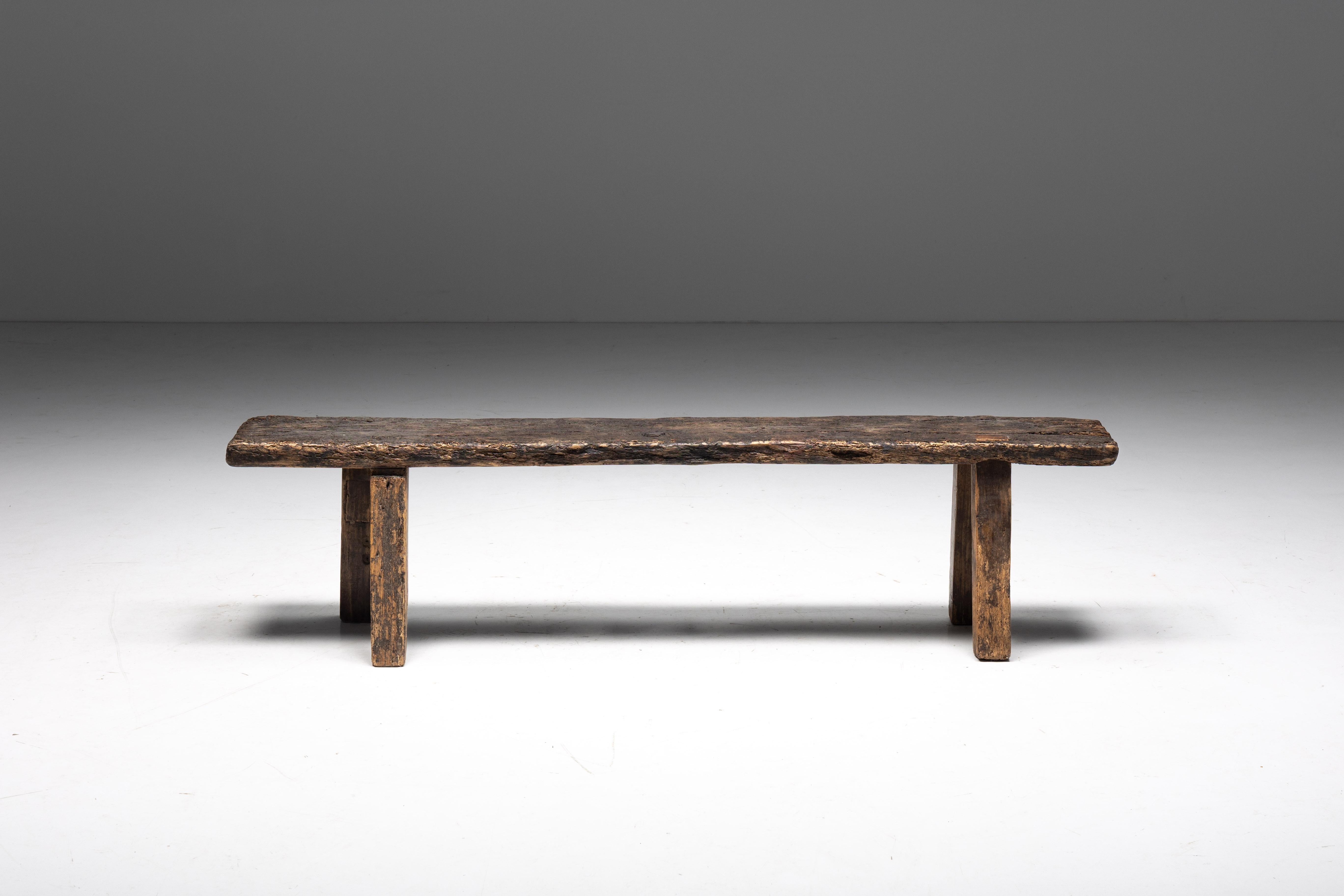 Rustic; Art Populaire; Folk Art; Travail Populaire; Bench; Monoxylite; Wabi Sabi; 20th Century; Antique;

Early 20th century bench, seamlessly integrating wabi-sabi design elements. Crafted with care, this rustic bench reflects the imperfections