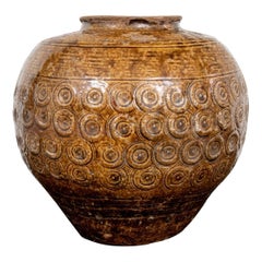 Rustic Asian Textured Glazed Ceramic Storage Jar