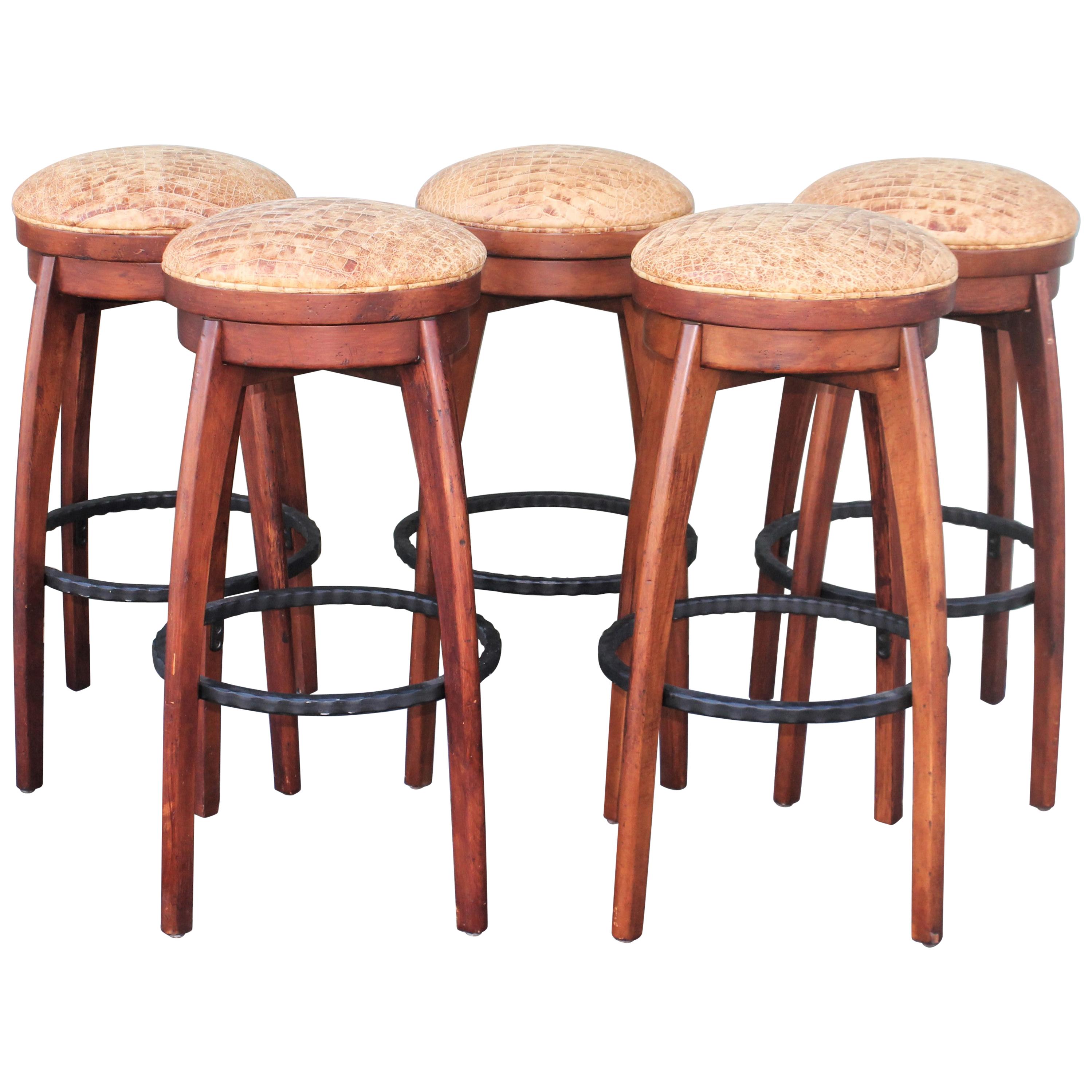 Rustic Bar Stools with Iron Foot Rest and Italian Distressed Leather, 5