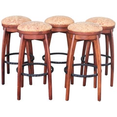 Rustic Bar Stools with Iron Foot Rest and Italian Distressed Leather, 5