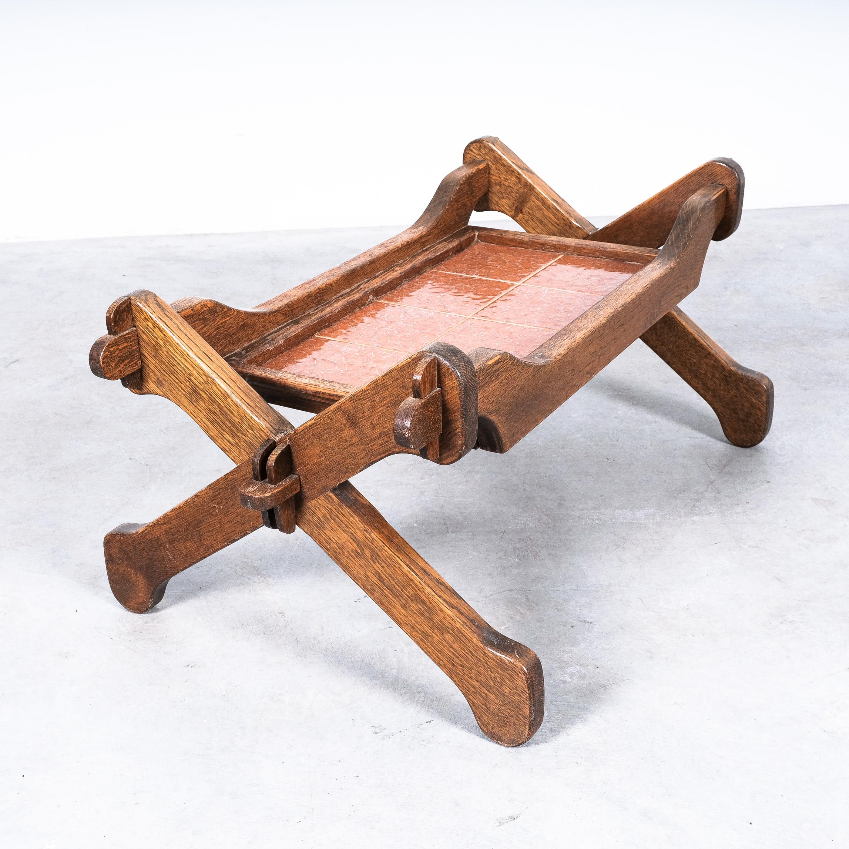 French Rustic Bespoke Oak Table with Ceramic Tile Tray, France, 1960 For Sale