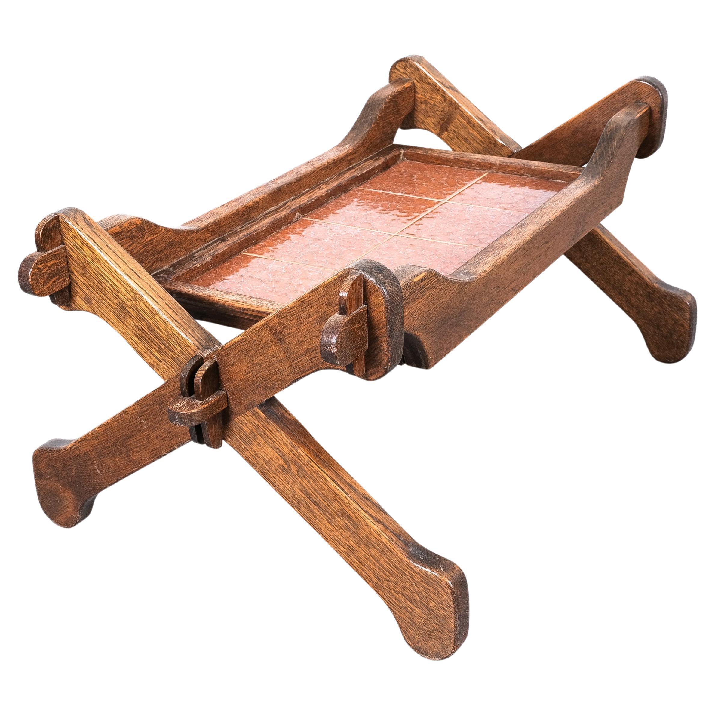 Rustic Bespoke Oak Table with Ceramic Tile Tray, France, 1960 For Sale
