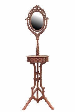 Rustic Black Forest Carved Walnut Shaving Stand / Dressing Table Mirror