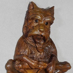 Rustic Black Forest Carved Wooden Coat Hook with Dog