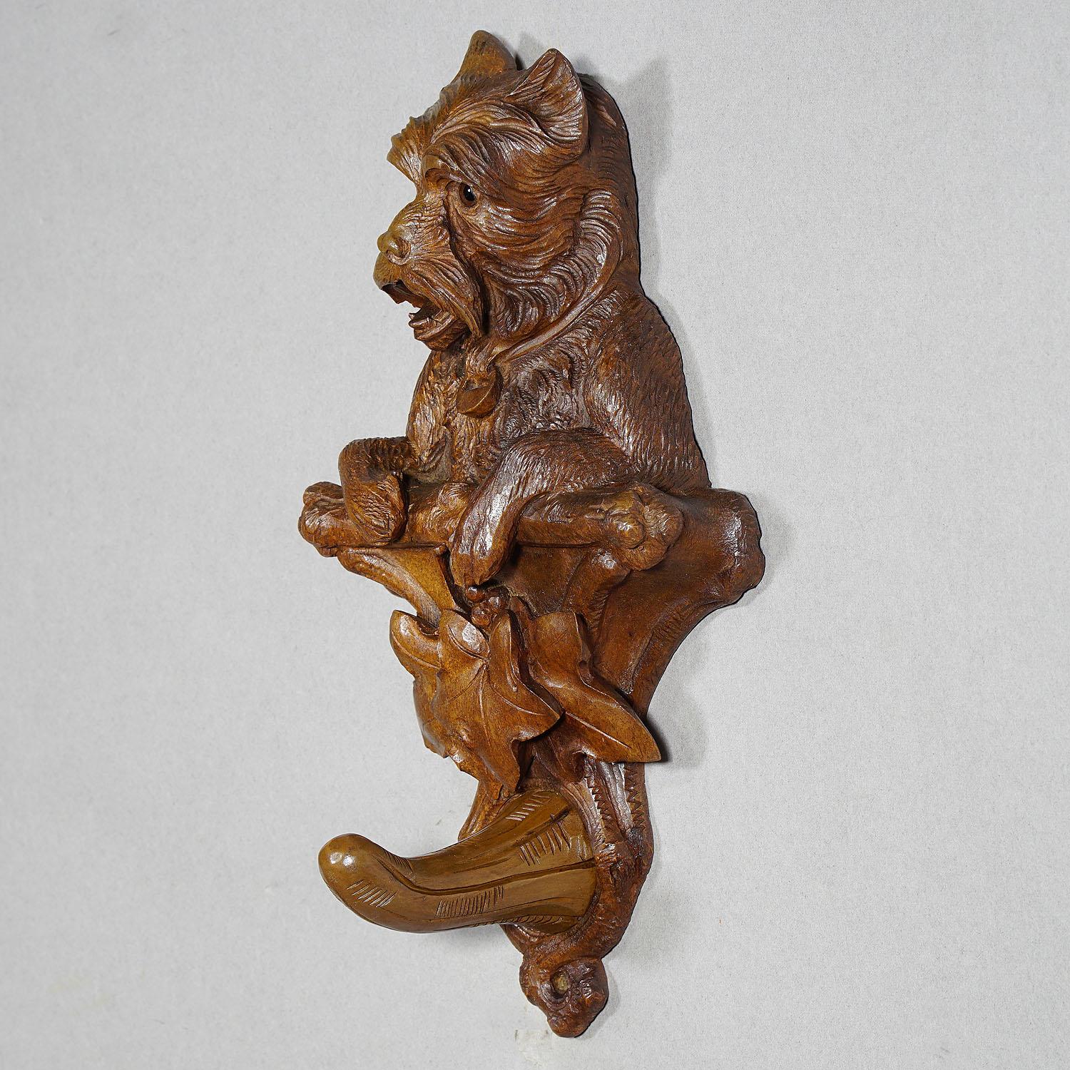 20th Century Rustic Black Forest Carved Wooden Coat Hook with Dog