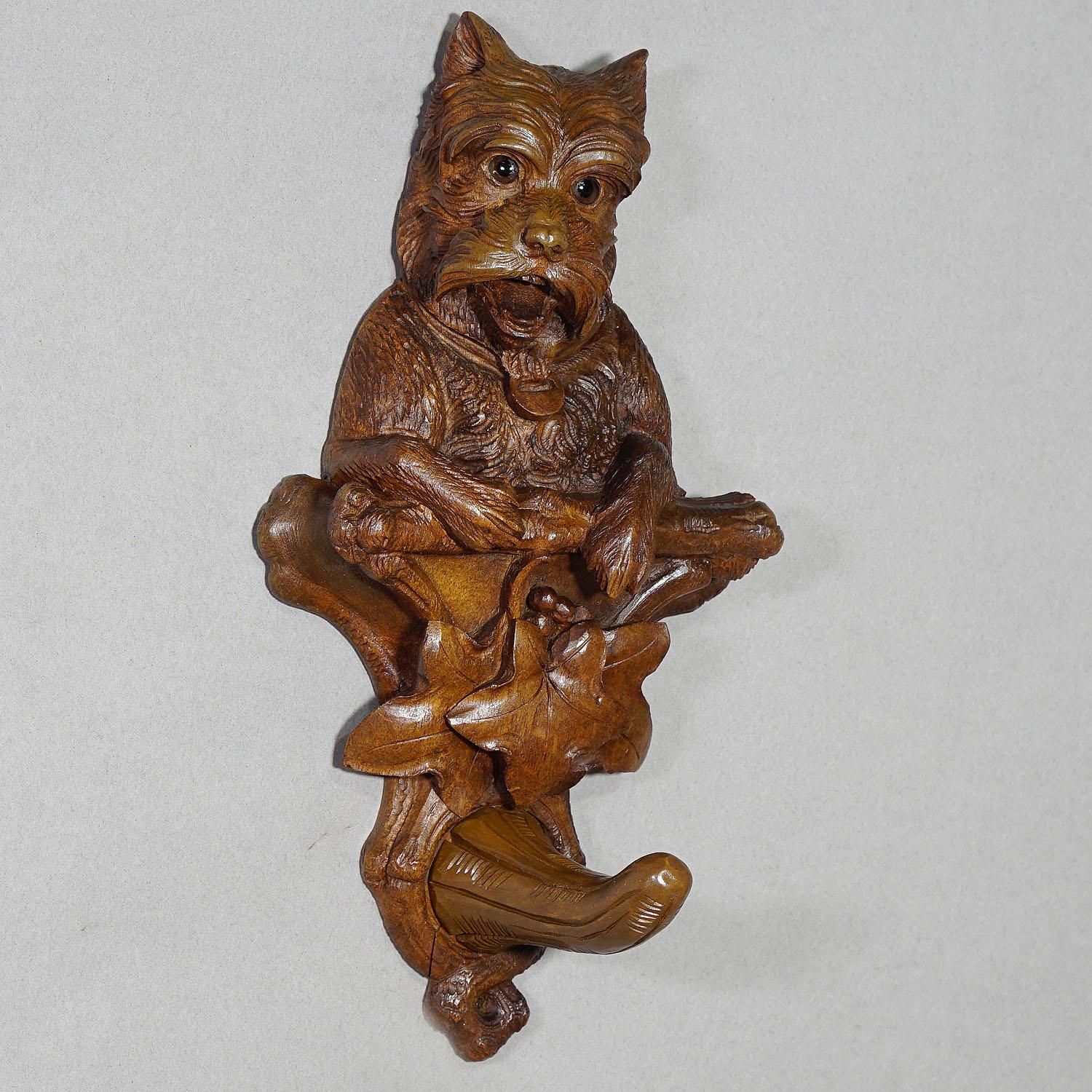 Rustic Black Forest Carved Wooden Coat Hook with Dog 1