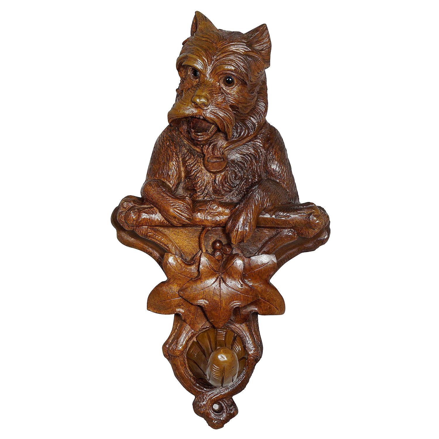 Rustic Black Forest Carved Wooden Coat Hook with Dog