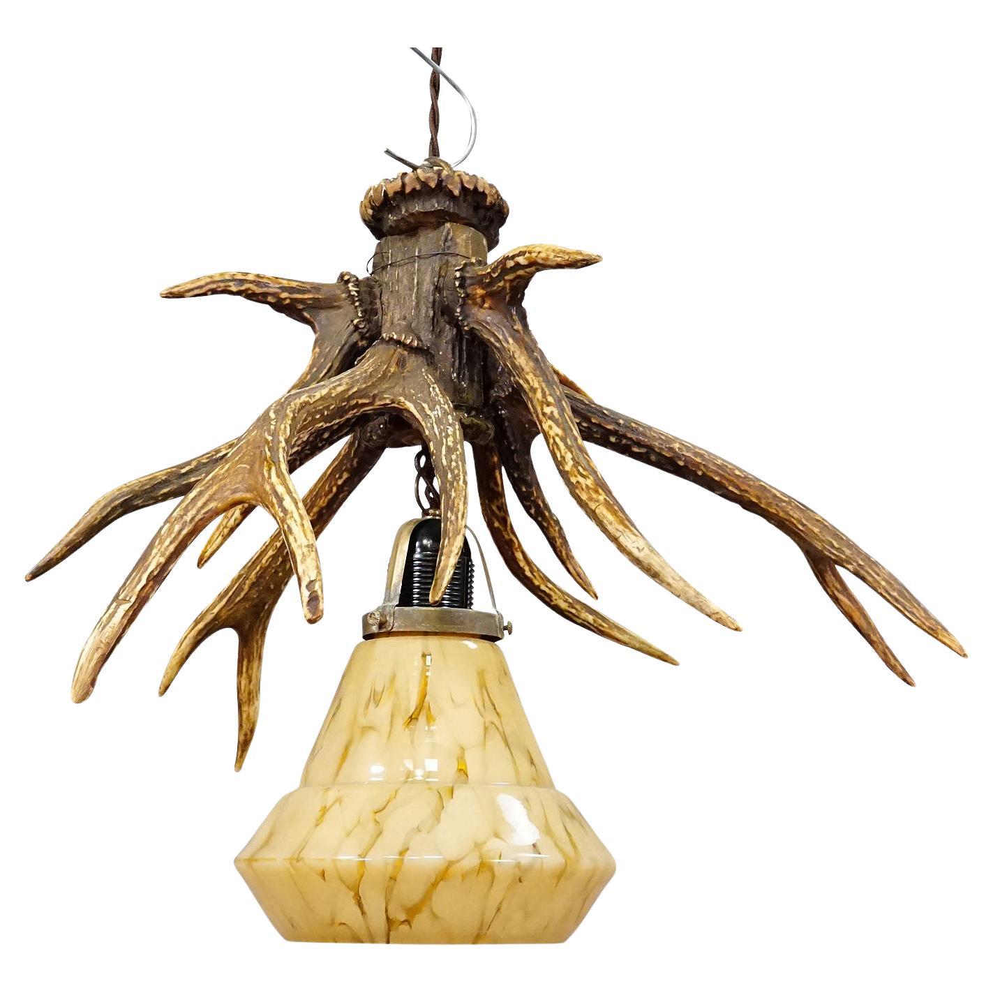 Rustic Black Forest Ceiling Lamp with Deer Antlers 1920s