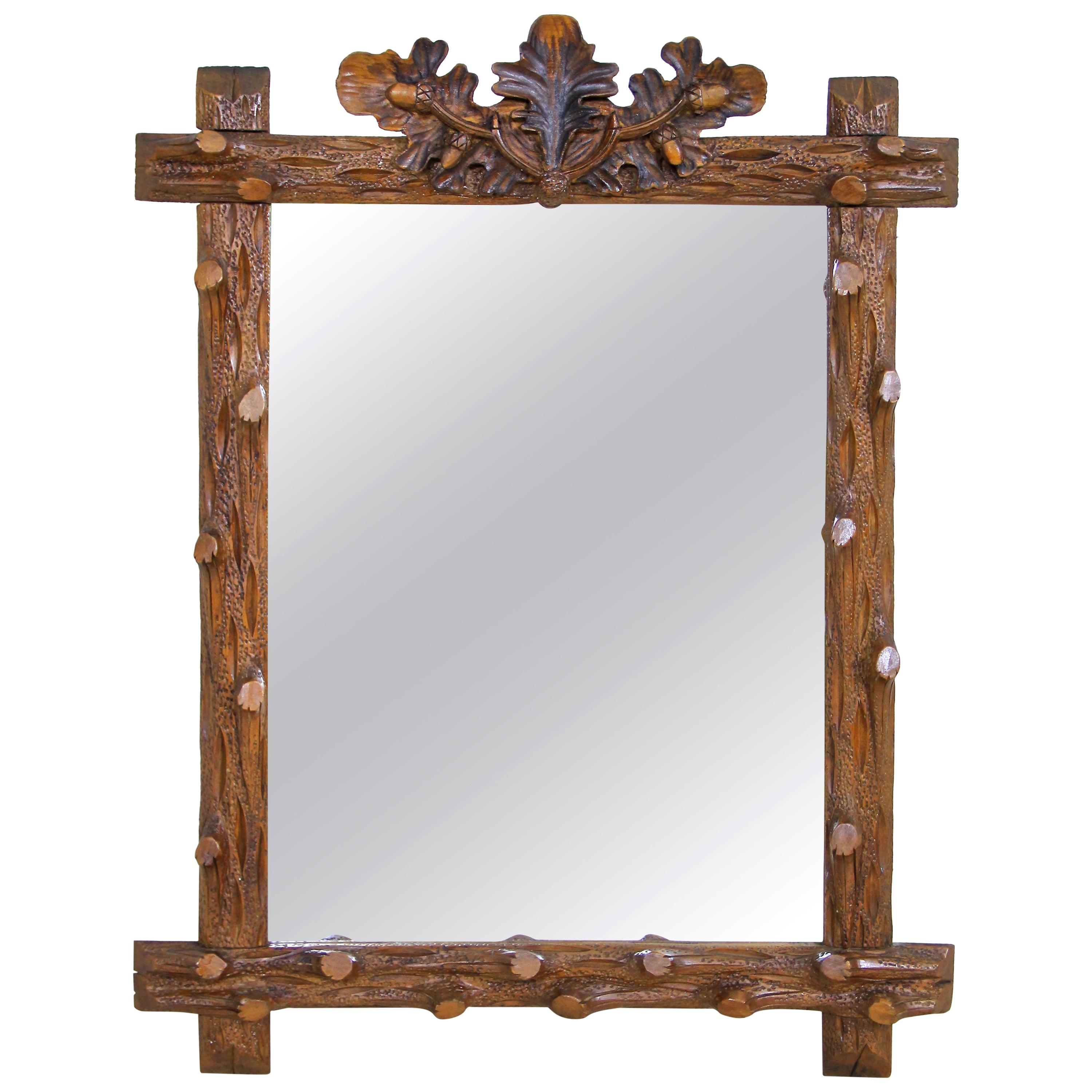 Rustic Black Forest Mirror Hand Carved, Germany, circa 1890
