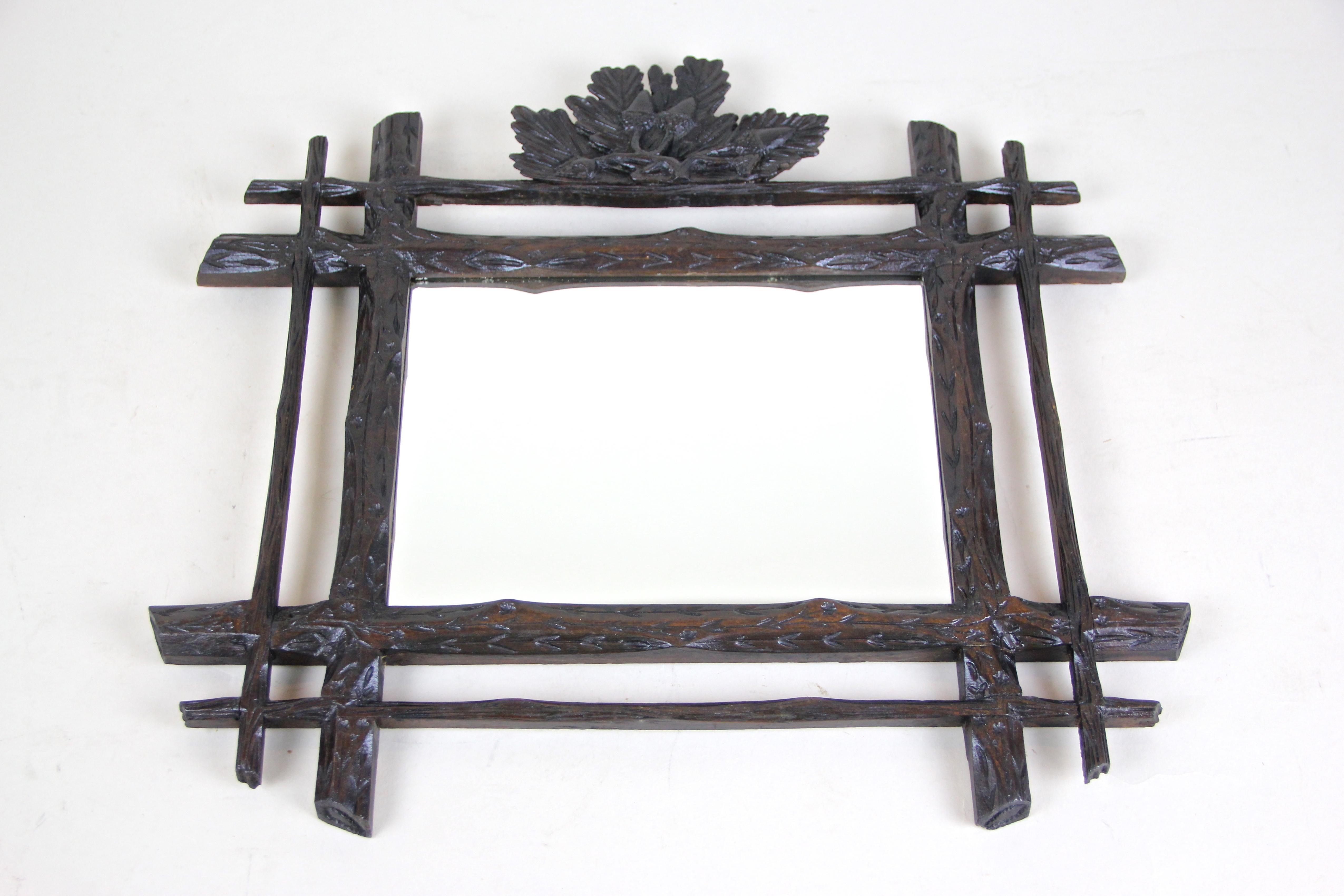 Rustic Black Forest Mirror Hand Carved with Oak Leaves, Austria, circa 1880 For Sale 1