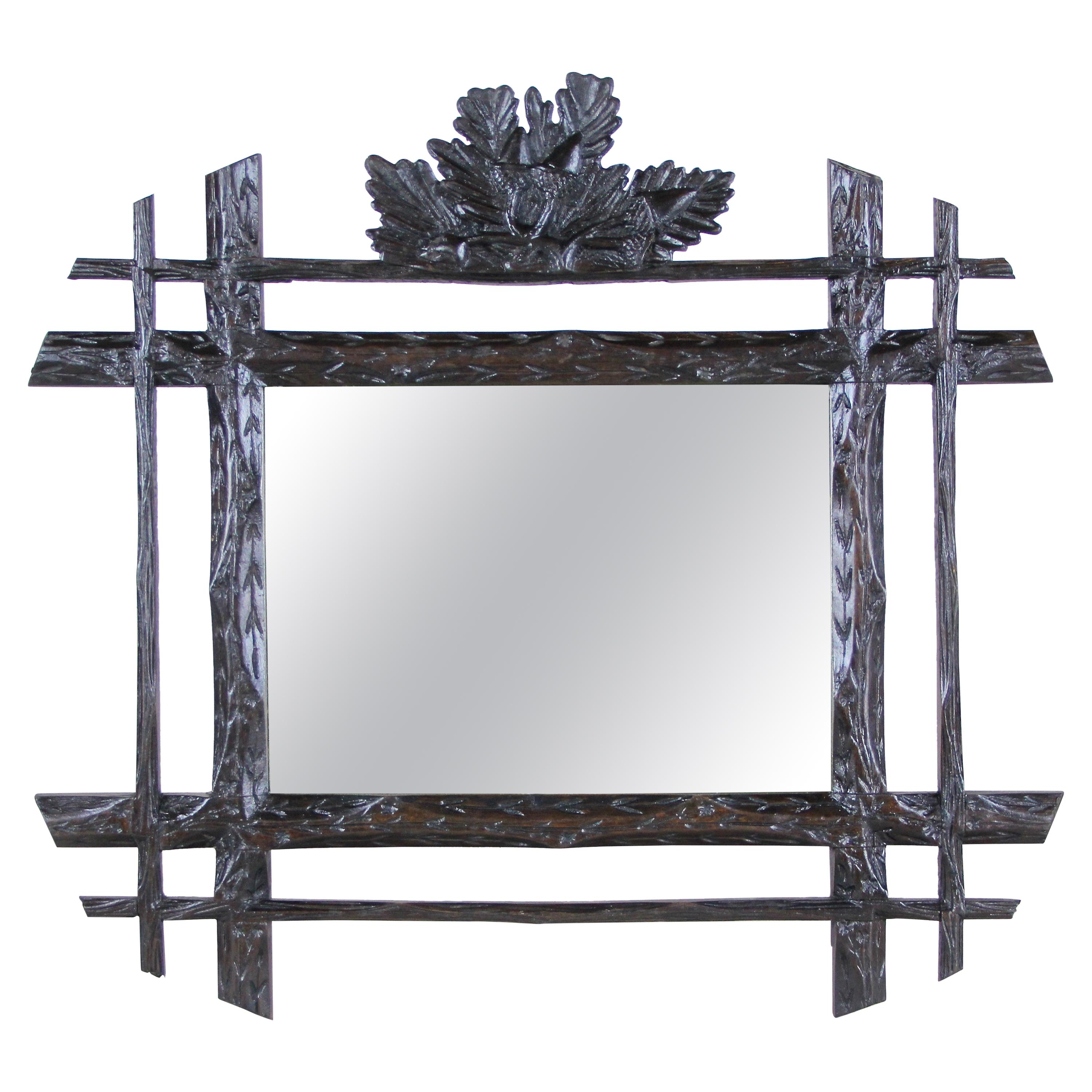 Rustic Black Forest Mirror Hand Carved with Oak Leaves, Austria, circa 1880 For Sale