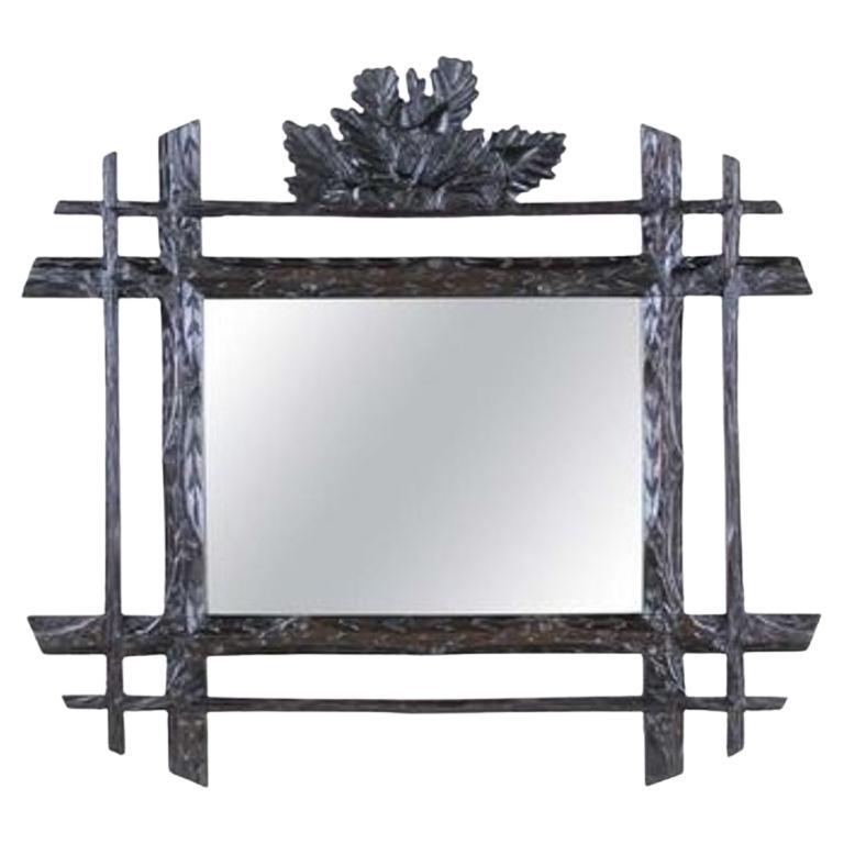 Rustic Black Forest Mirror Hand Carved With Oak Leaves, Austria, Circa 1880