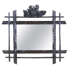 Antique Rustic Black Forest Mirror Hand Carved With Oak Leaves, Austria, Circa 1880