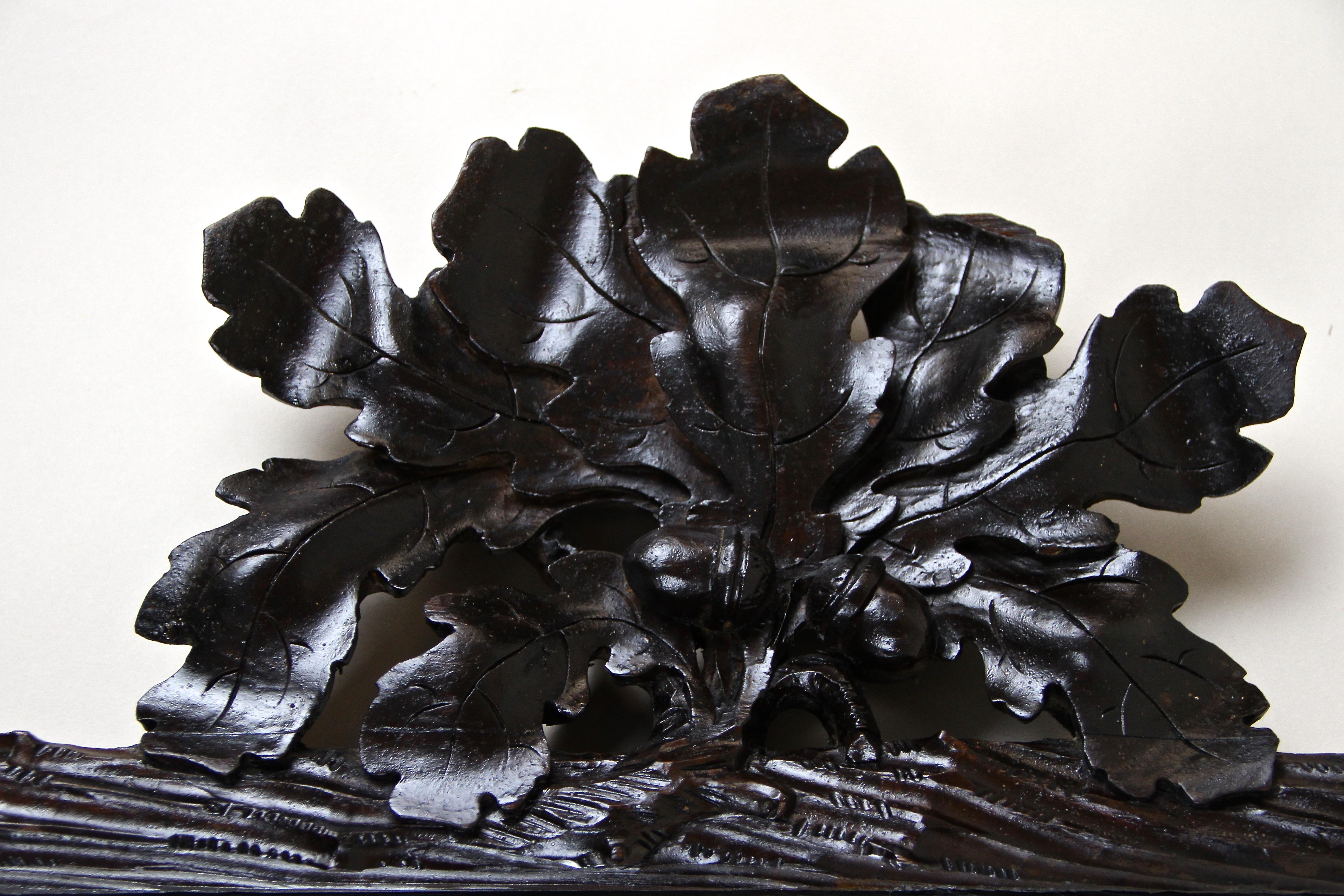 XIX secolo Specchio rustico Black Forest con intagli di ghiande e foglie di Oak, Austria, circa 1870 in vendita