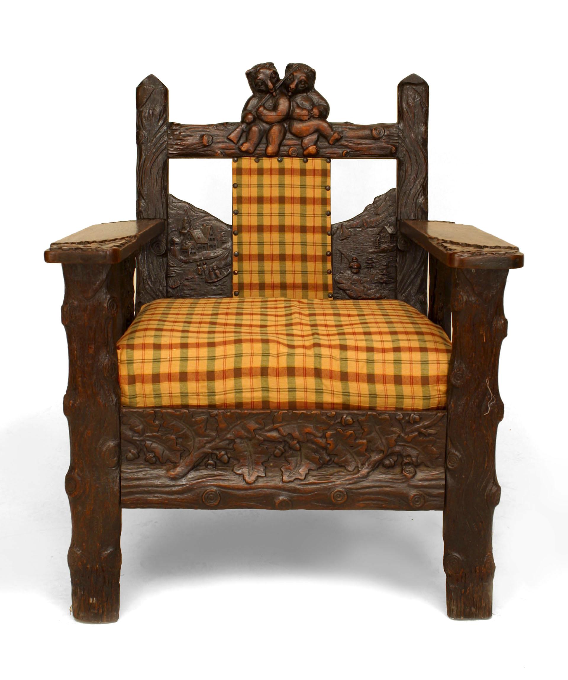 Rustic Black Forest style (19/20th Cent) oak arm chair with 2 carved bears on top of back along with country scenes & oak leaves in relief with an upholstered seat & back panel.
