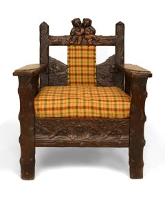 Rustic Black Forest Oak Arm Chair with Carved Bears