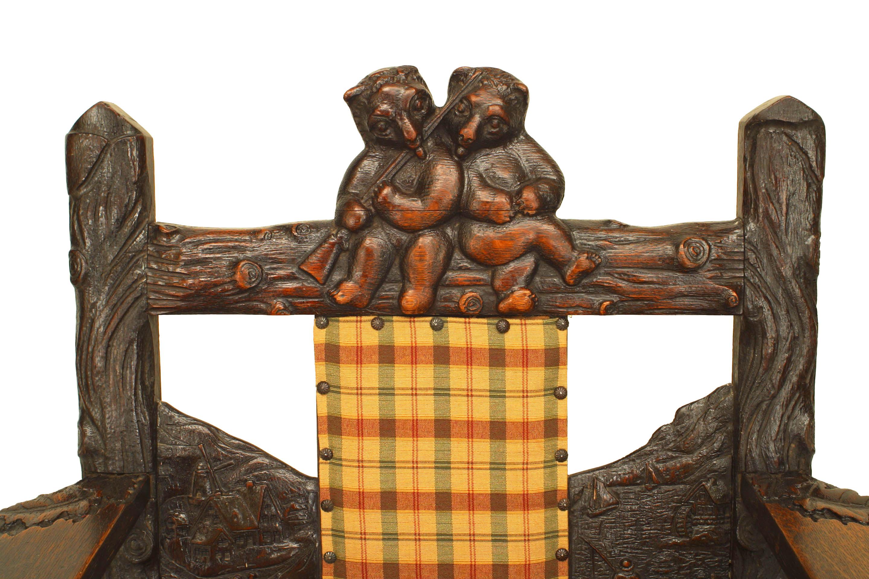 Rustic Black Forest Oak Arm Chair with Carved Bears  For Sale 1