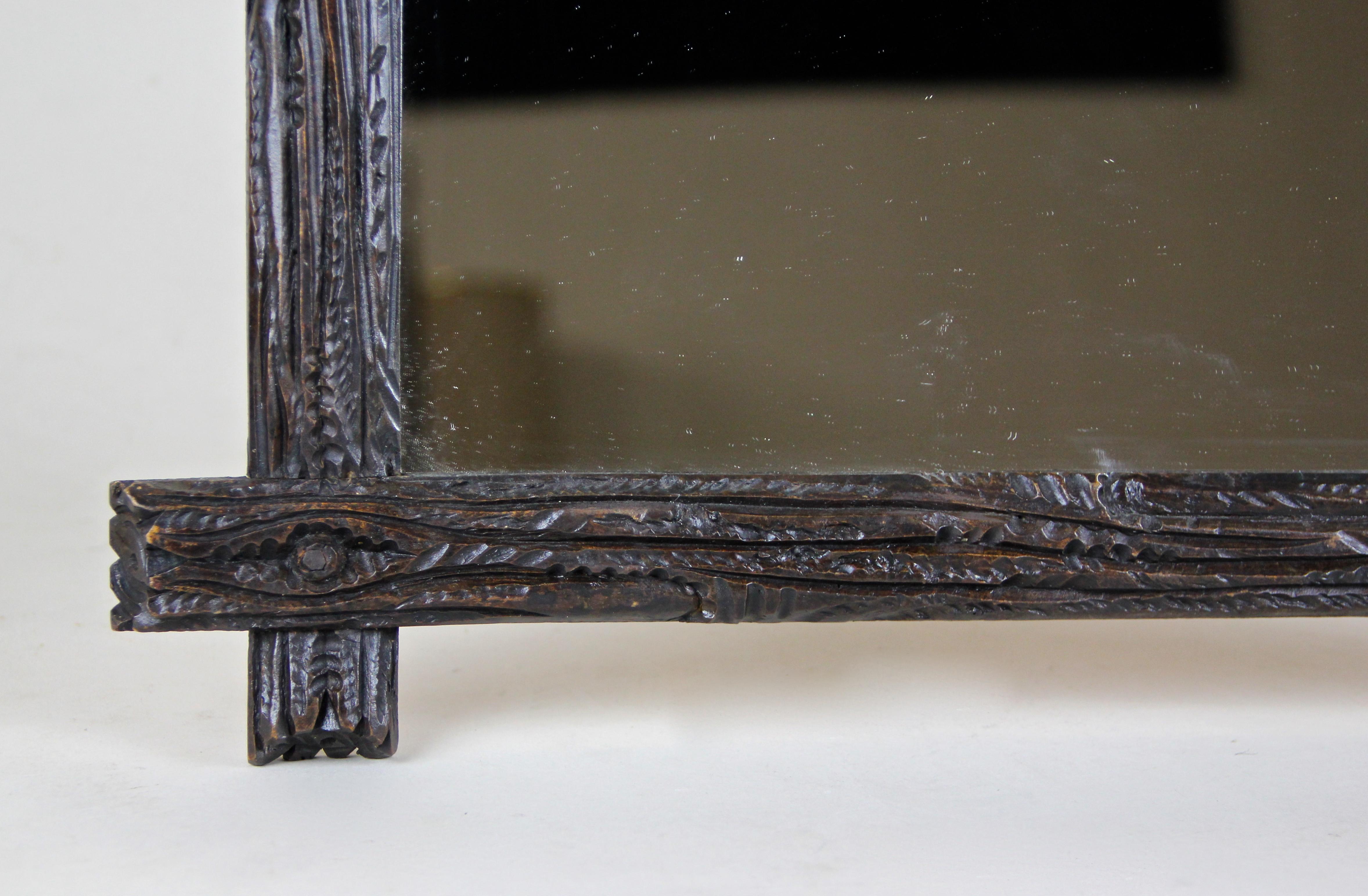 Stained Rustic Black Forest Wall Mirror Hand Carved, Austria, circa 1890