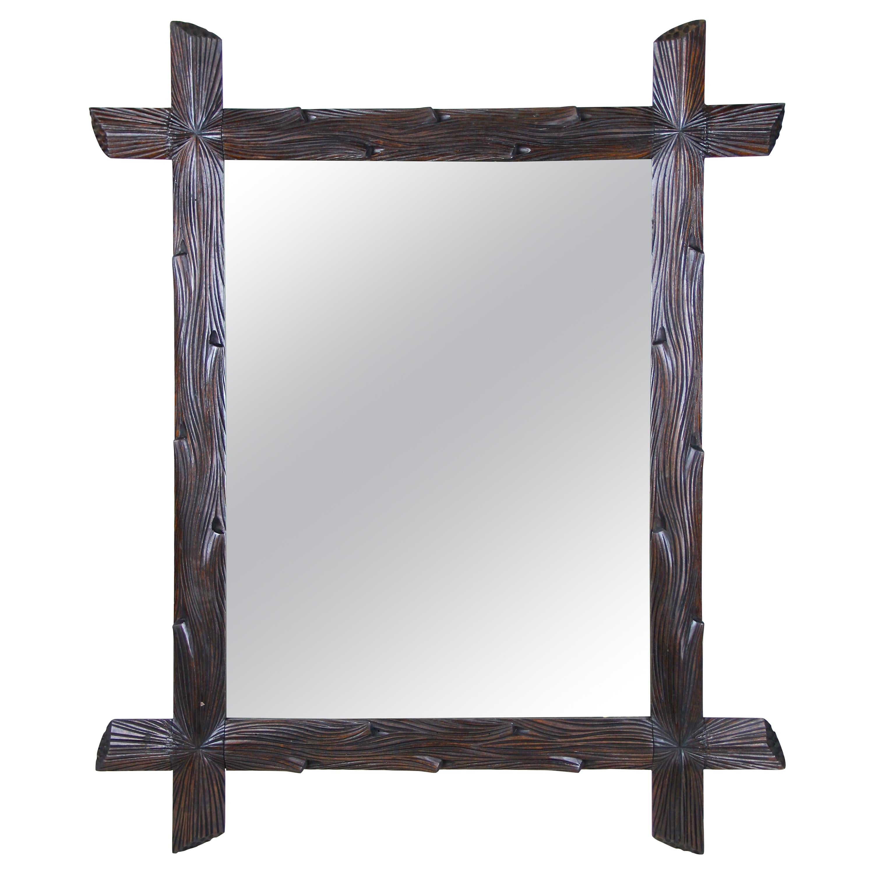Rustic Black Forest Wall Mirror Hand Carved, Austria, circa 1890 For Sale