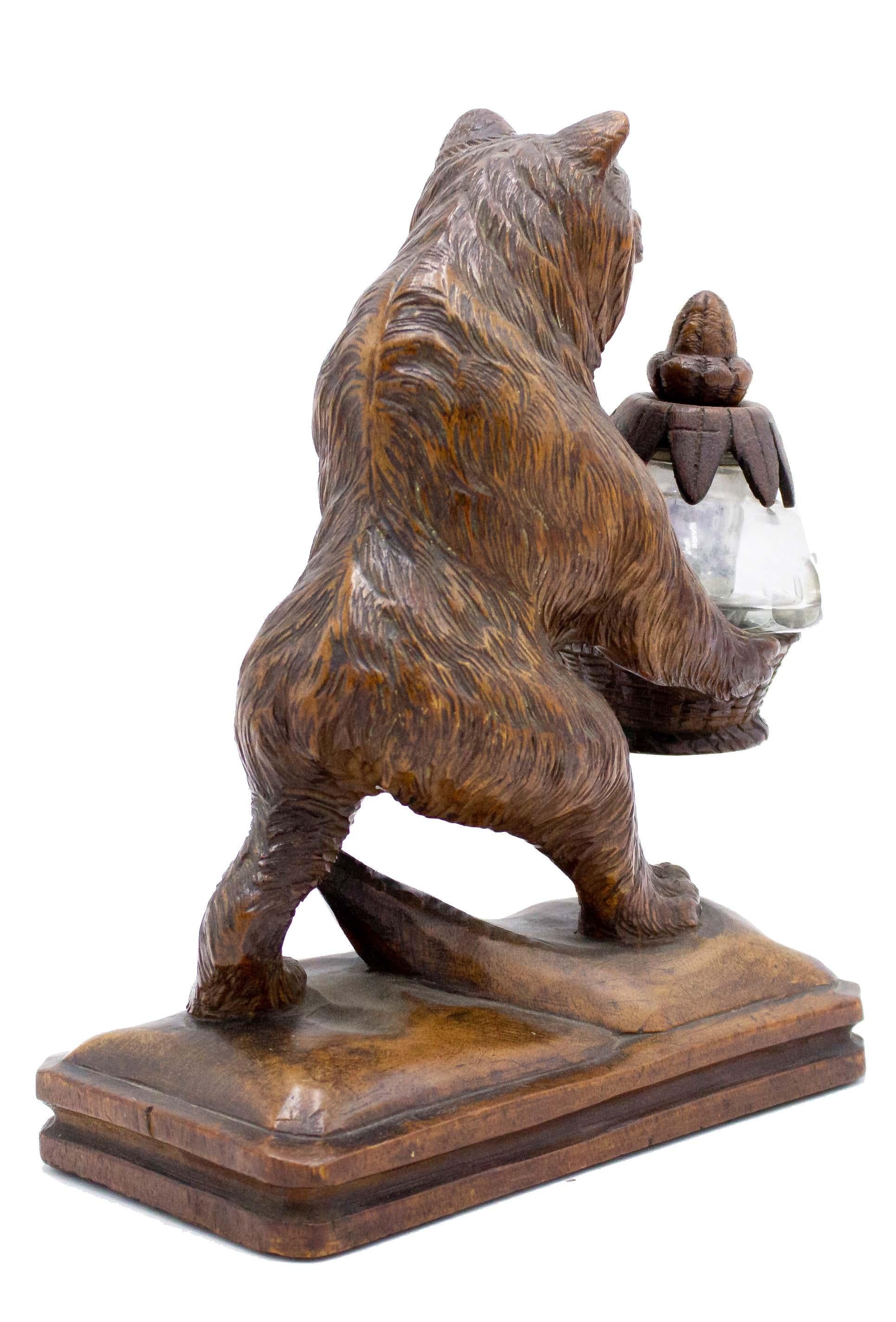 Carved Rustic Black Forest Walnut Bear Inkwell