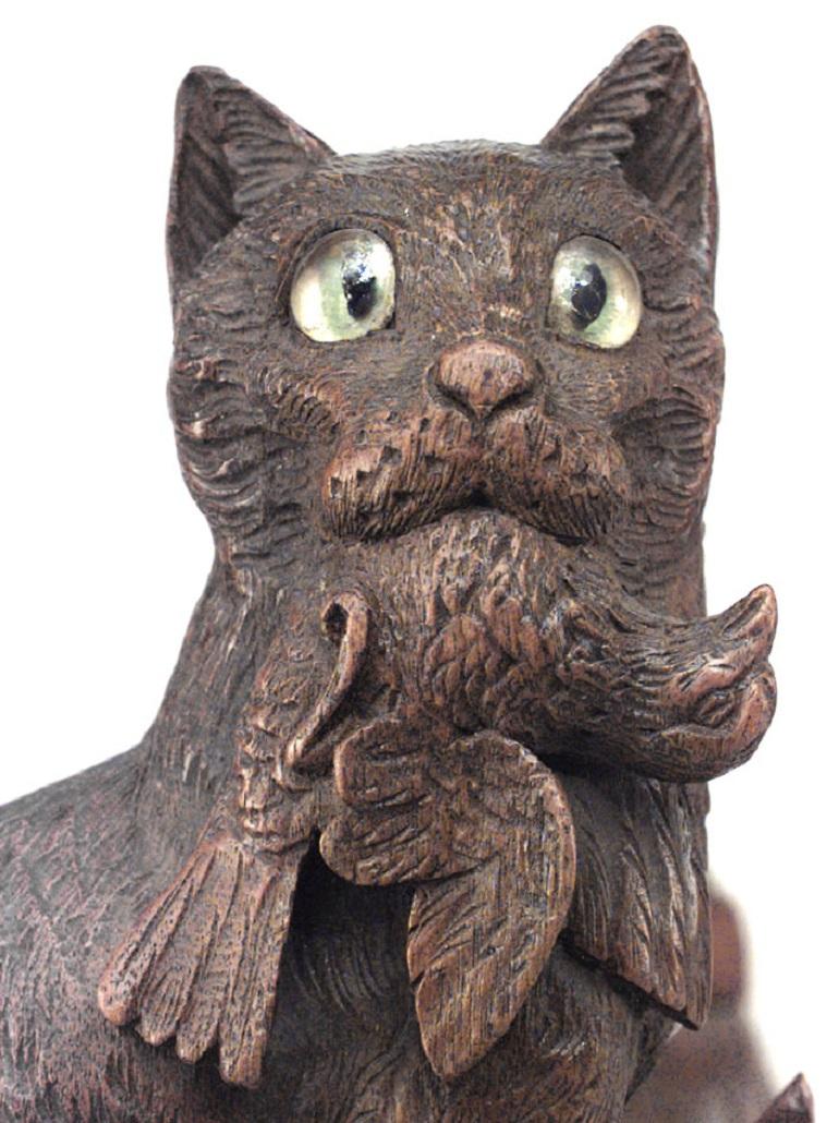 Carved Rustic Black Forest Walnut Cat Bookends For Sale