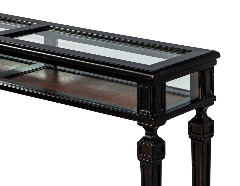 American Classical Rustic Black Watchmakers Glass Display Console For Sale
