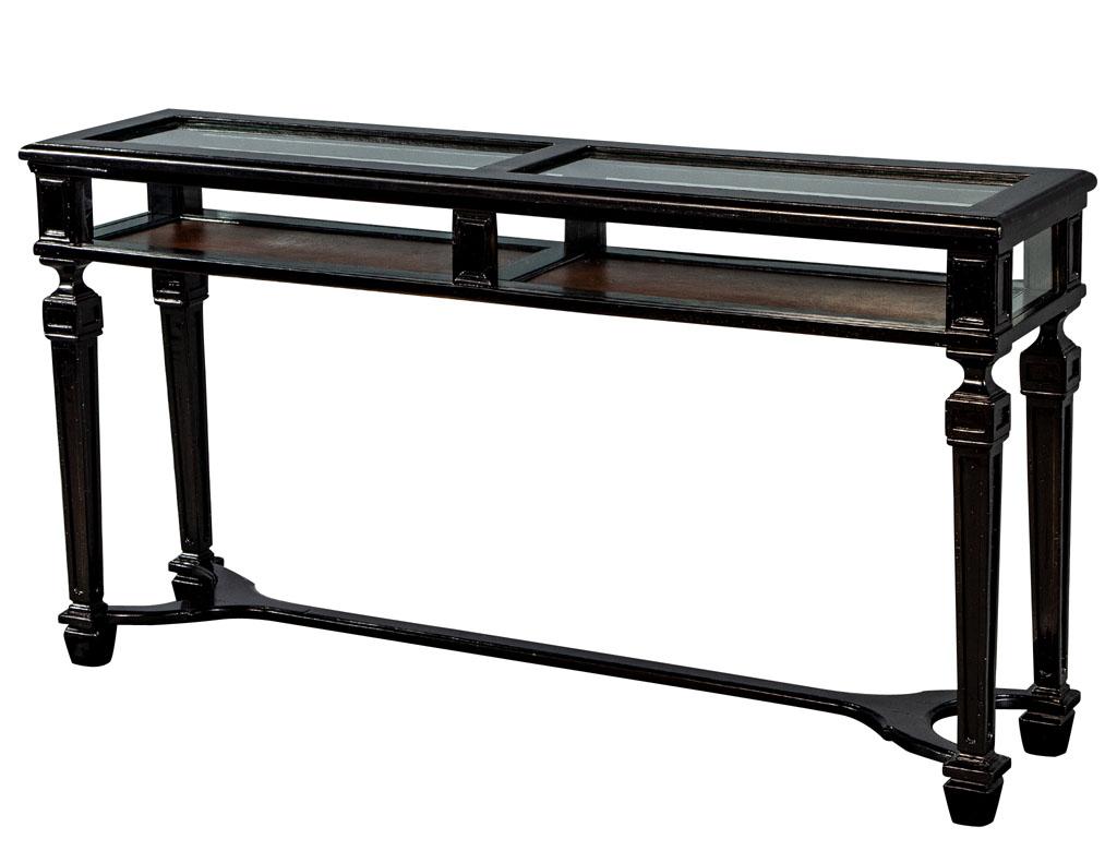20th Century Rustic Black Watchmakers Glass Display Console For Sale