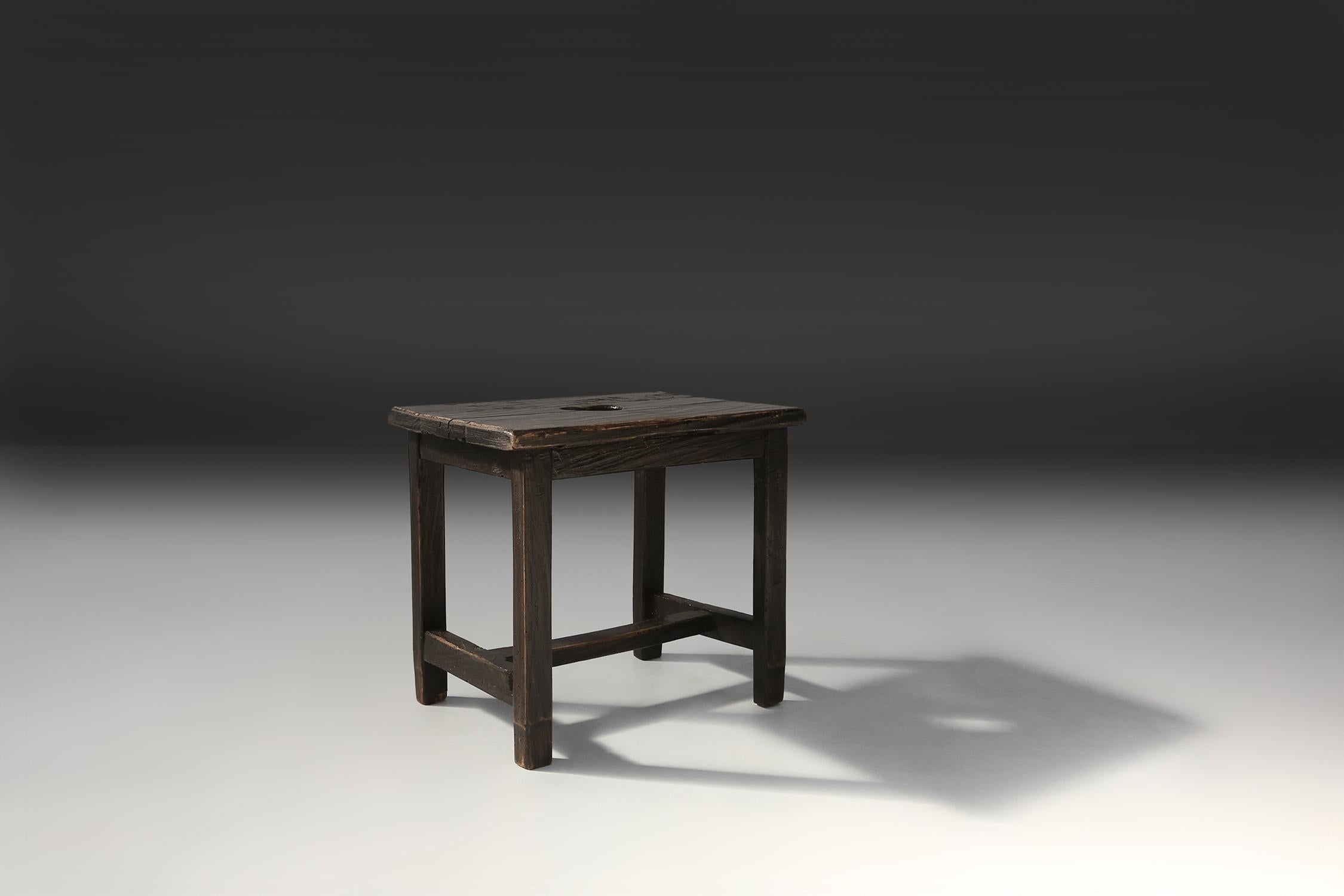 French Rustic Black Wooden Stool, circa 1920 For Sale