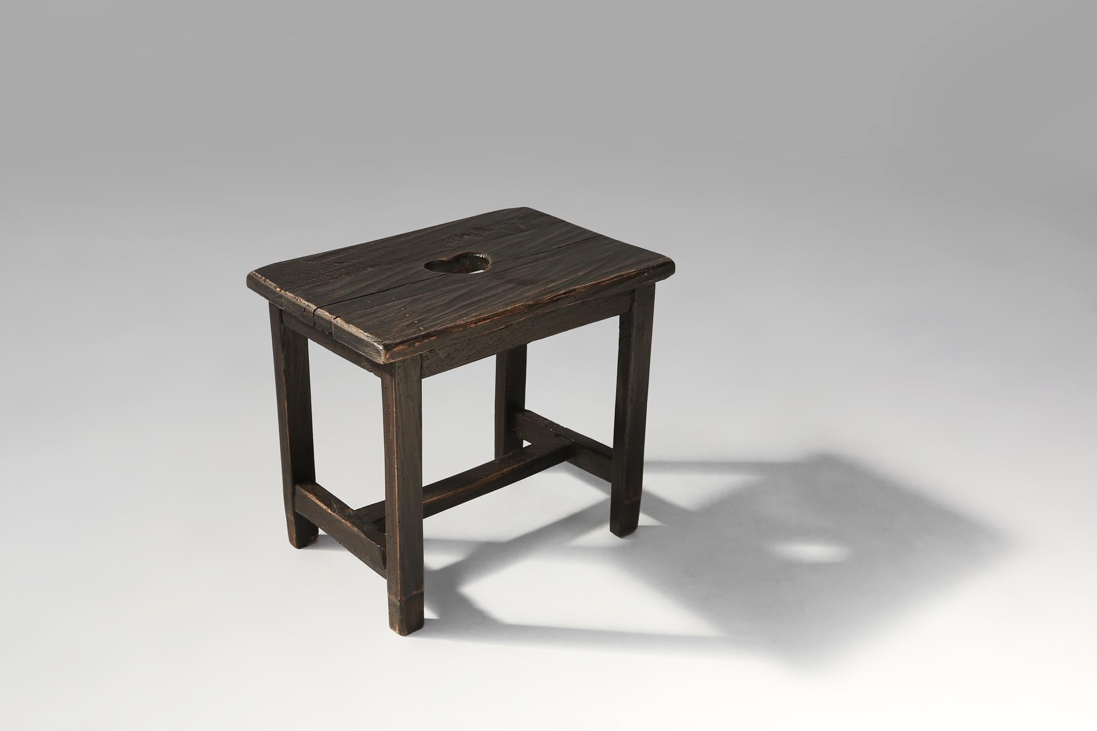 Rustic Black Wooden Stool, circa 1920 For Sale 4