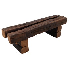 Rustic Blackened Wood Garden Bench with Raw Organic Form Indoor & Outdoor