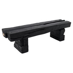 Rustic Blackened Wood Garden Bench with Raw Organic Form Indoor & Outdoor